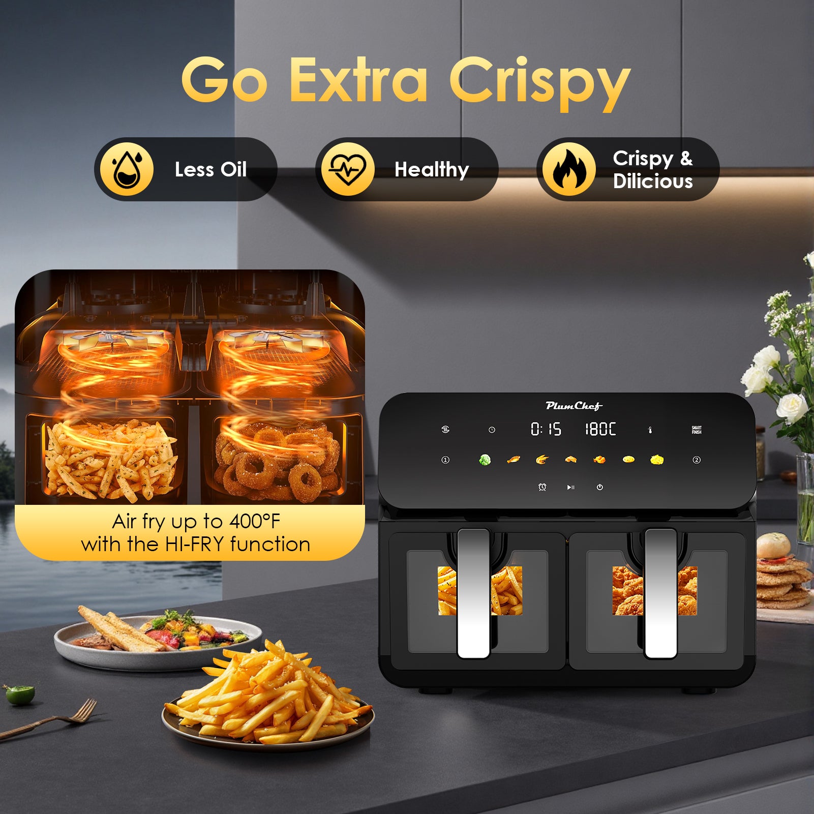 Plum Chef 11-Quart Dual Basket Air Fryer, 2 Independent Cooking Zones with Smart Finish, 1700W 7-in-1 Combo, Black - VANELC