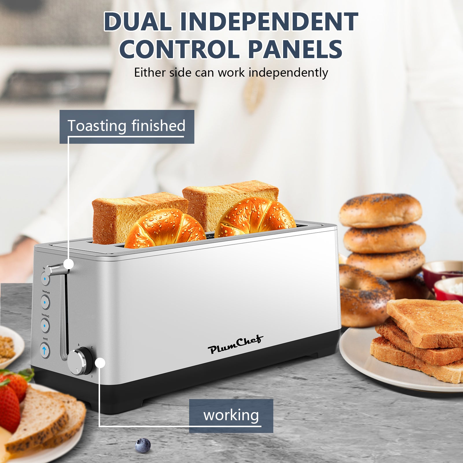 Plum Chef 4-Slice Extra Wide Slot Toaster, 6 Browning Settings & Bagel/Defrost/Reheat, Brushed Stainless Steel - VANELC