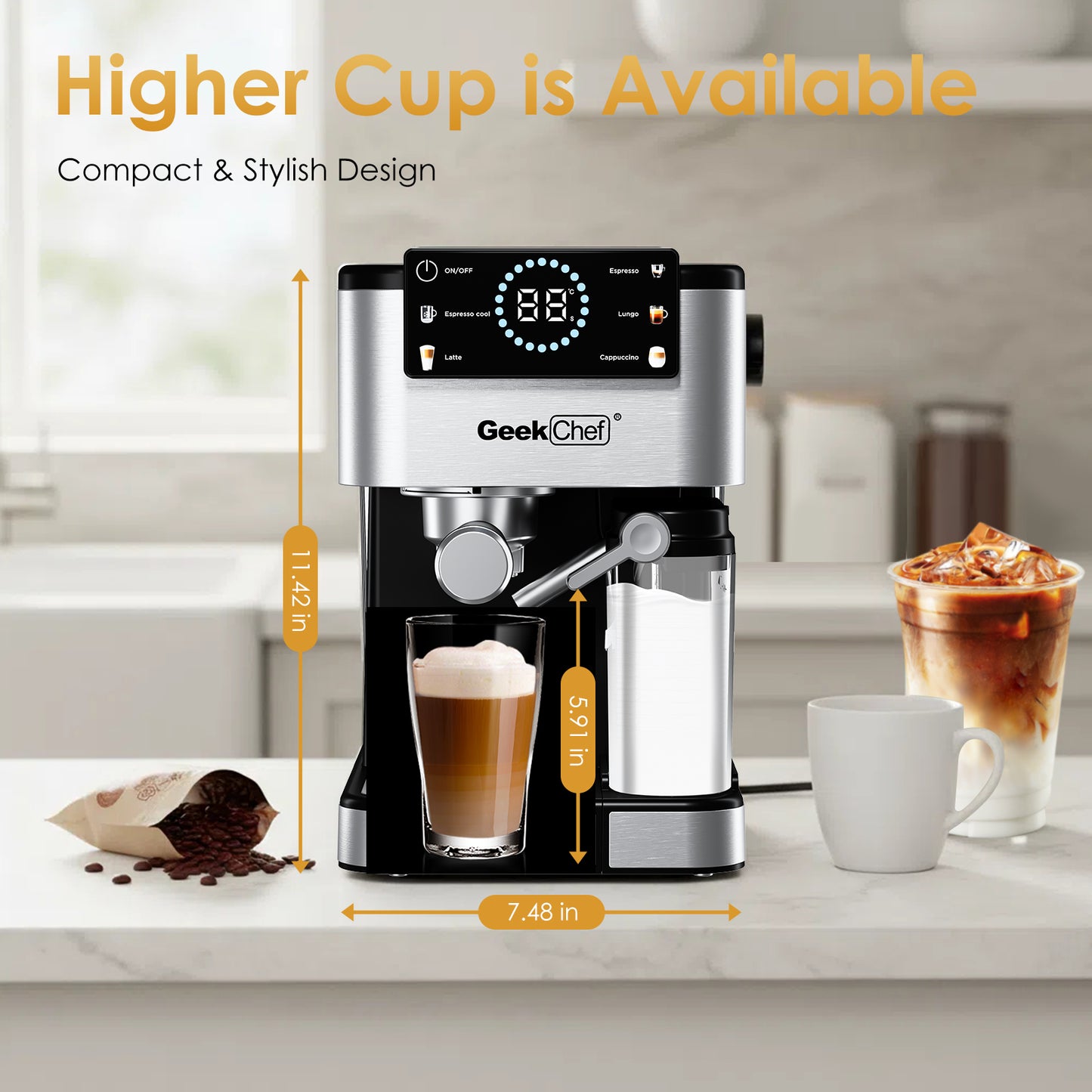 Geek Chef Espresso Machine, 20Bar Espresso Coffee Maker for Cappuccino, Latte, Americano & Cold Brew, with Automatic Milk Frother & Detachable Milk Reservoir, One-Touch Operation, Silver - VANELC