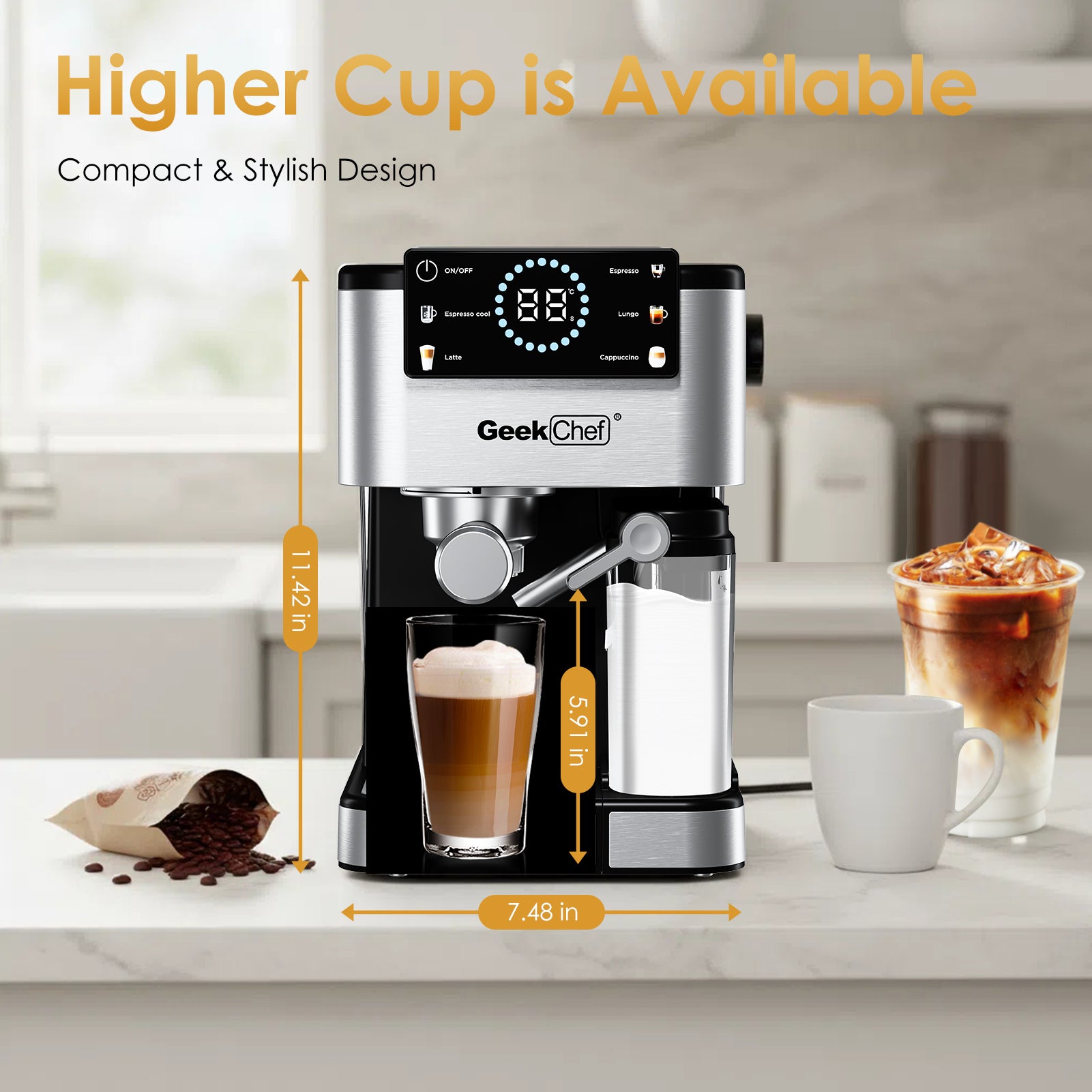 Geek Chef Espresso Machine, 20Bar Espresso Coffee Maker for Cappuccino, Latte, Americano & Cold Brew, with Automatic Milk Frother & Detachable Milk Reservoir, One-Touch Operation, Silver - VANELC