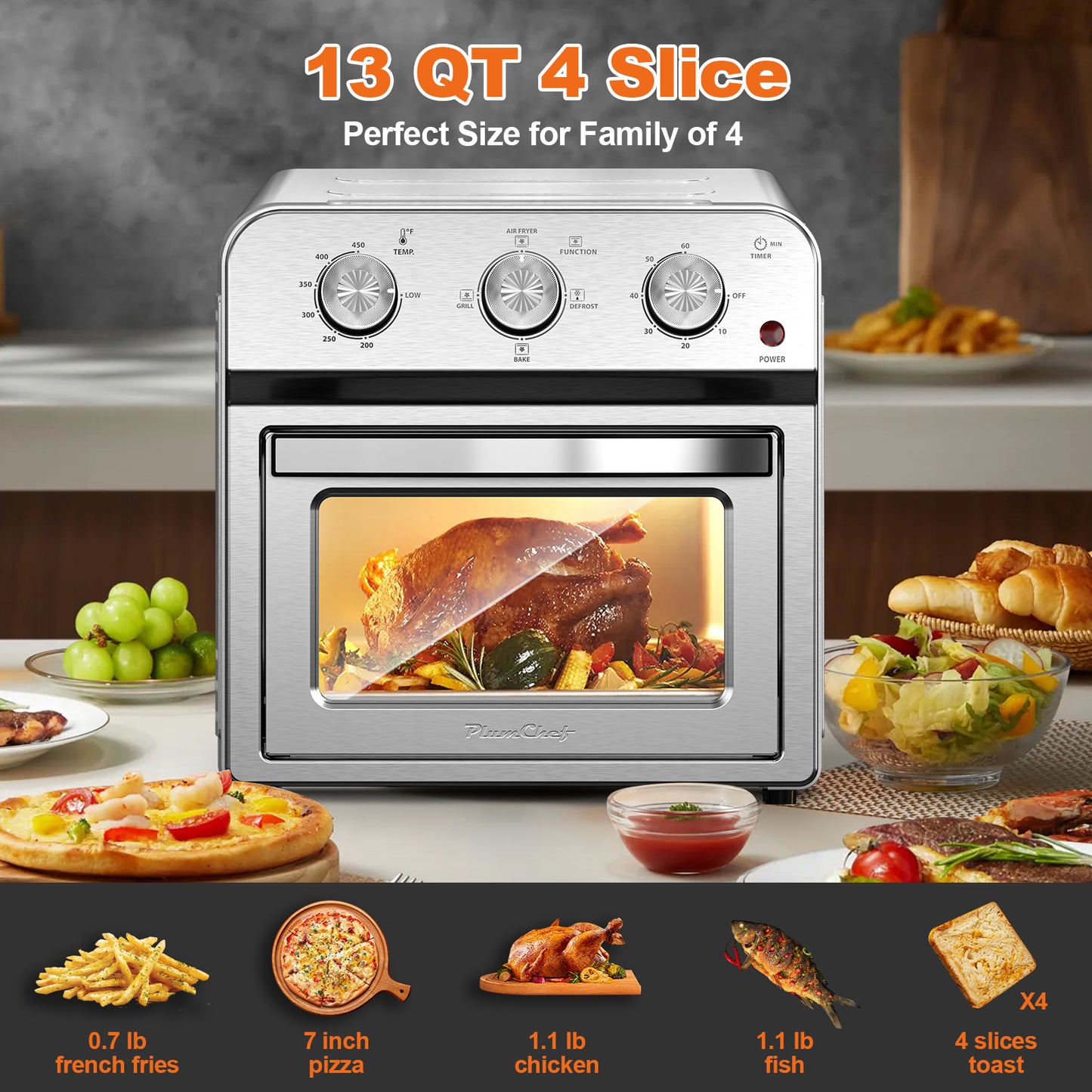Plum Chef 13QT Air Fryer Toaster Oven Combo, 7-in-1 Multifunctional Countertop Oven with 360° Hot Air Circulation for Healthy Oil-Free Cooking, Family Size, Stainless Steel, Silver - VANELC
