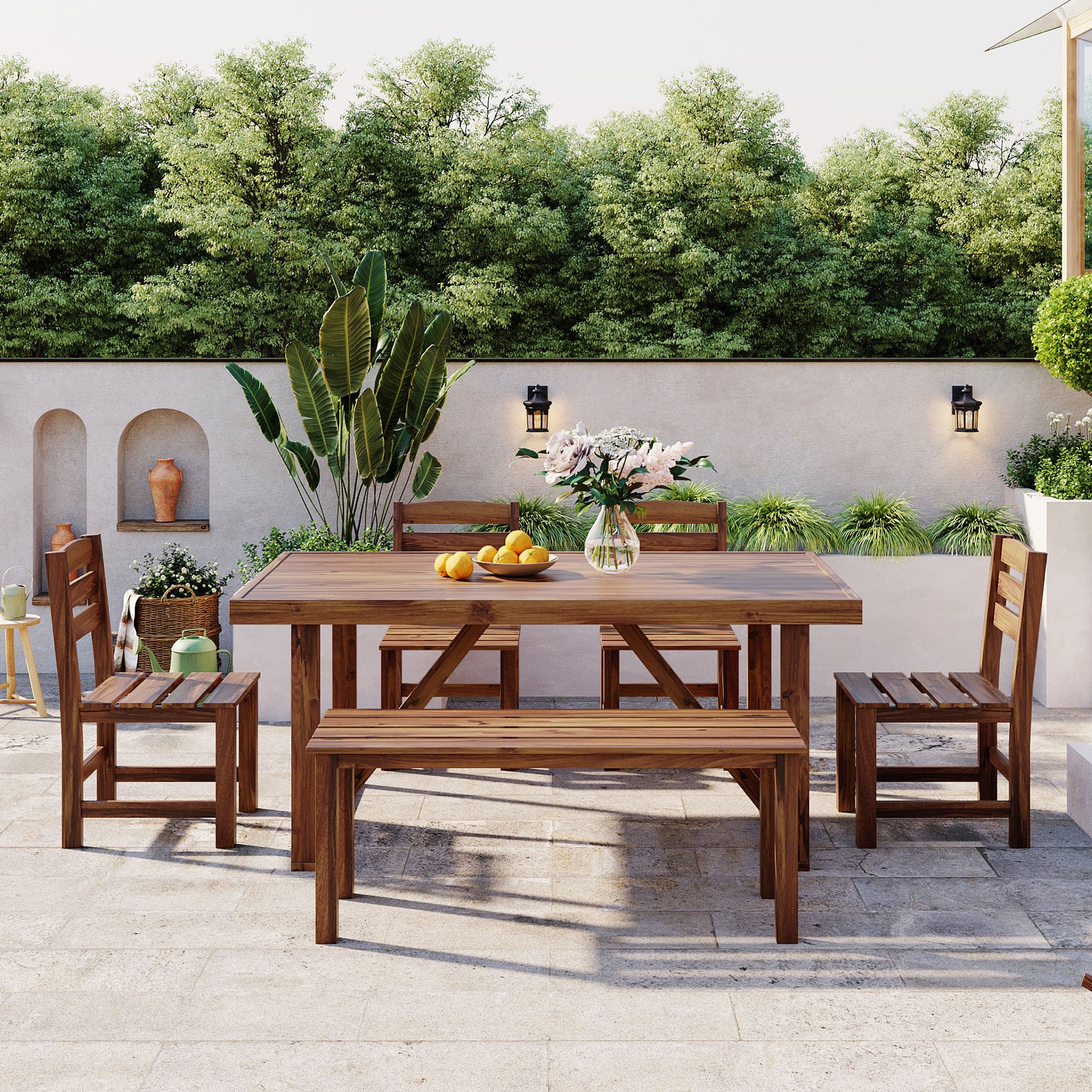 HighSound 6-Piece Outdoor Acacia Wood Dining Set, Patio Table and Chairs Set with Bench for 6-7 People, Outdoor Dining Furniture Set for Garden, Backyard and Poolside, Brown - VANELC