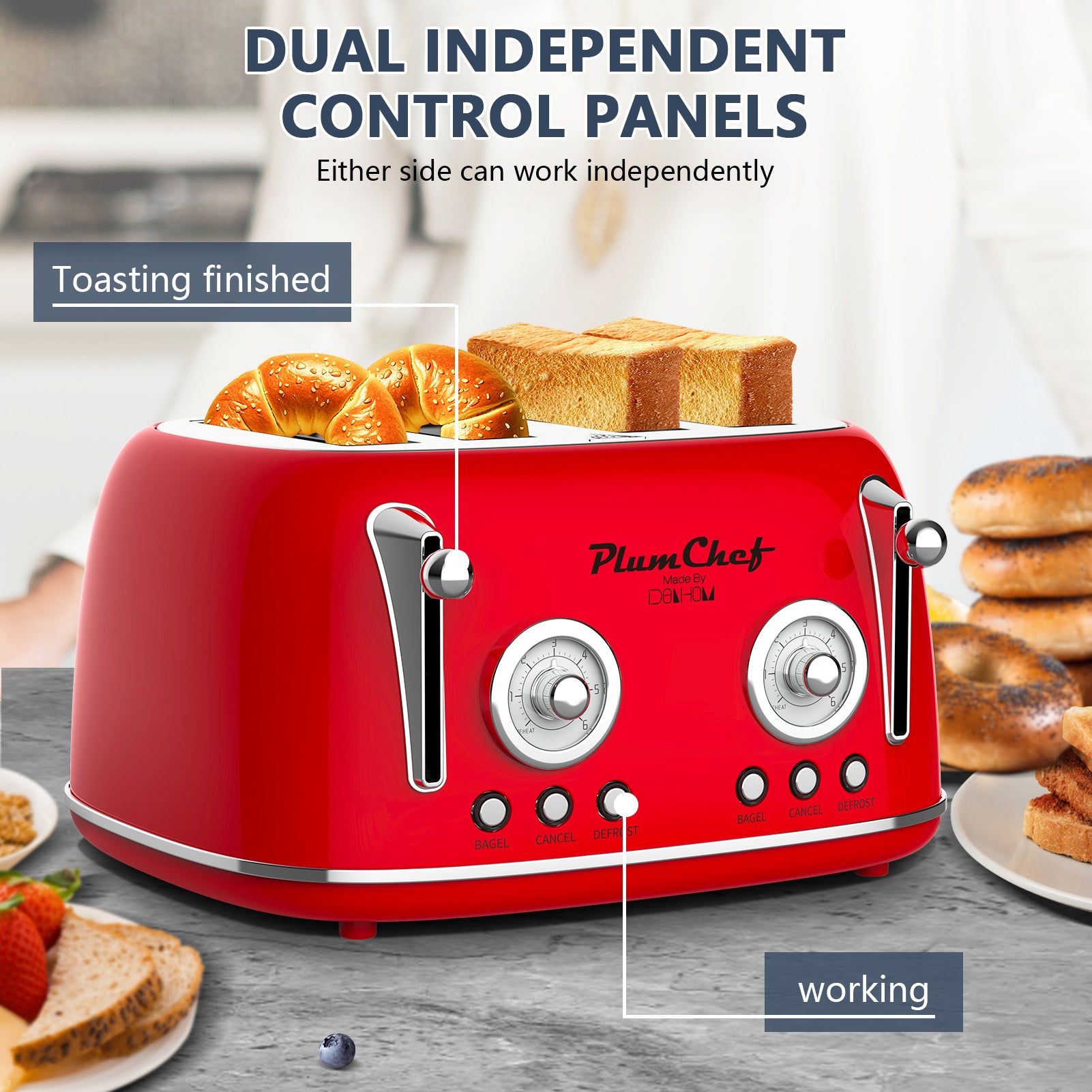 Plum Chef 4 Slice Toaster, Retro Stainless Steel with Bagel Defrost Cancel Function, 6 Browning Settings, Dual Control Toaster with Extre Wide Slot & Removable Crumb Tray, Red, 1650W - VANELC