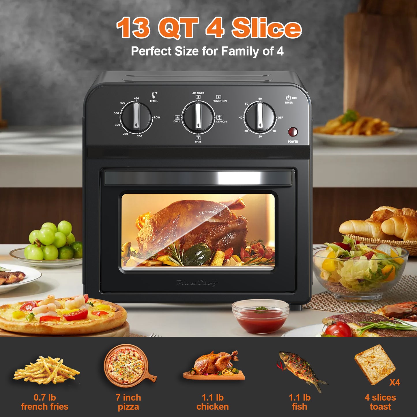 Plum Chef 13QT Air Fryer Toaster Oven Combo, 7-in-1 Countertop Convection Oven with 360° Hot Air Circulation for Healthy Oil-Free Cooking, Family Size, Includes Accessories & Adjustable Control - VANELC