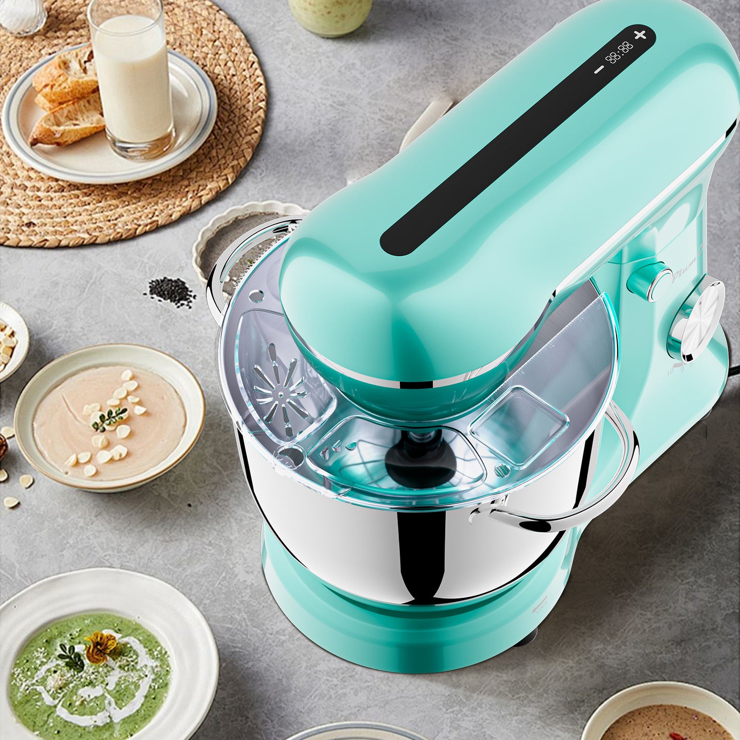Plum Chef 5QT Stand Mixer with Extra 4.5QT Bowl & Timer, 300W Kitchen Mixer with Dough Hook, Beater, Whisk, 10 Speeds, Perfect for Baking, Retro Blue - VANELC