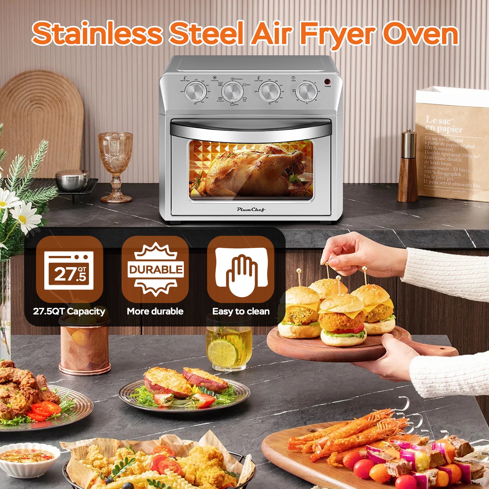 Plum Chef 27.5QT Air Fryer Toaster Oven Combo, Extra Large 7-in-1 Countertop Oven with Bake, Broil, Roast, Toast, Healthy Air Fry Function, 1600W, Digital Controls & 60-Min Timer, Silver - VANELC