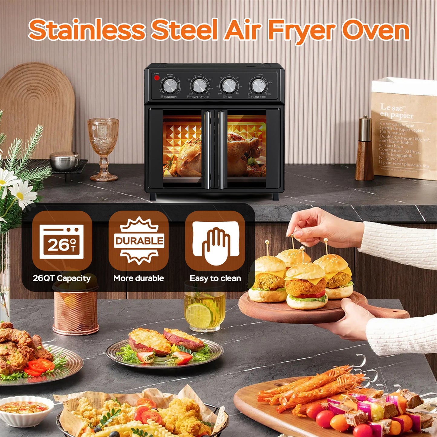 Plum Chef Air Fryer Toaster Oven, 26QT 7-in-1 Convection Countertop Oven with Air Fry, Bake, Grill, Toast, Dehydrate, Perfect for Family Kitchen, Healthy Low Oil Cooking, Ideal Gift, Black - VANELC