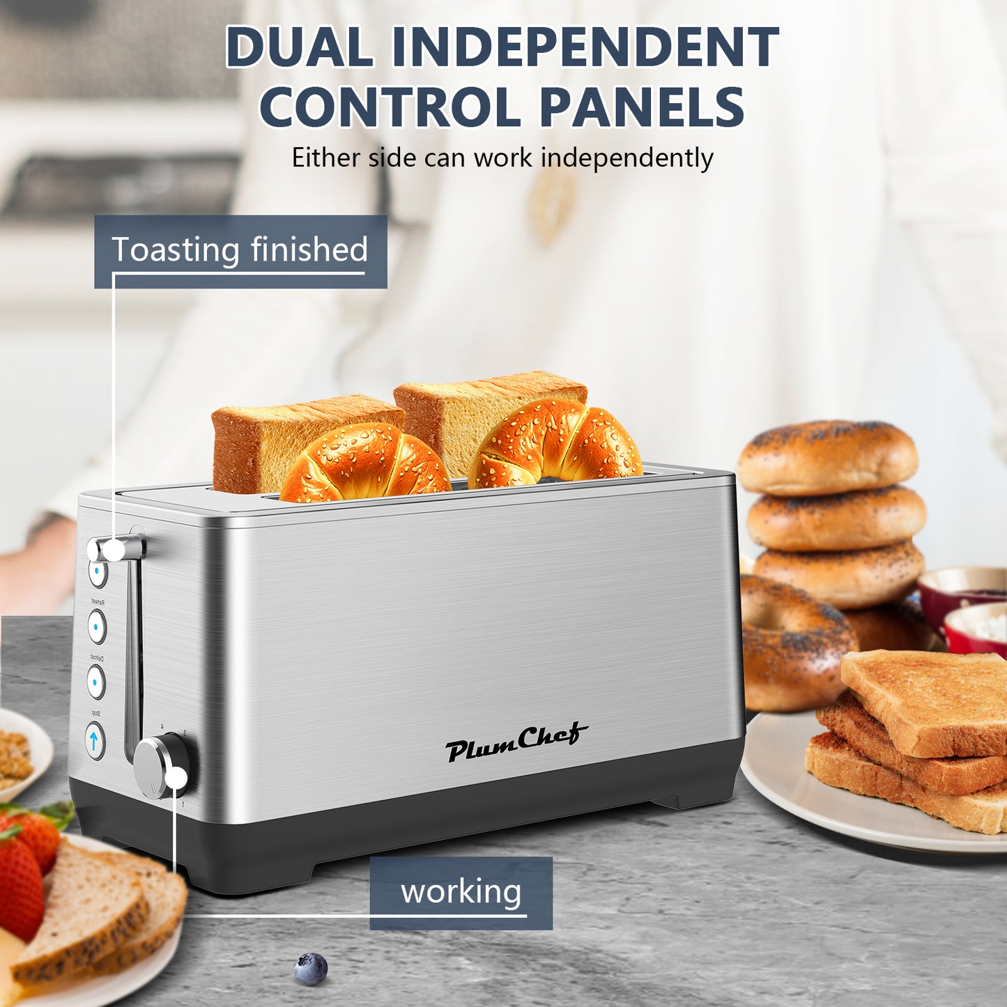 Plum Chef Long Slot 4 Slice Toaster 1600W, for Bagels & Waffles, 6 Browning Levels, 4 Basic Functions & Removable Tray, Kitchen Gadgets, Silver - VANELC