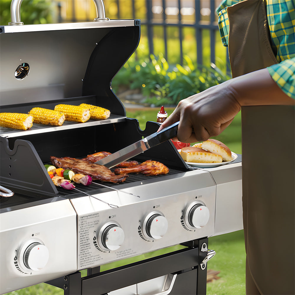 Highsound 3-Burner Propane Gas Grill with Side Burner, 37,000 BTU Outdoor BBQ Grill, Portable Stainless Steel Grill on Wheels for Patio, Garden, Black
