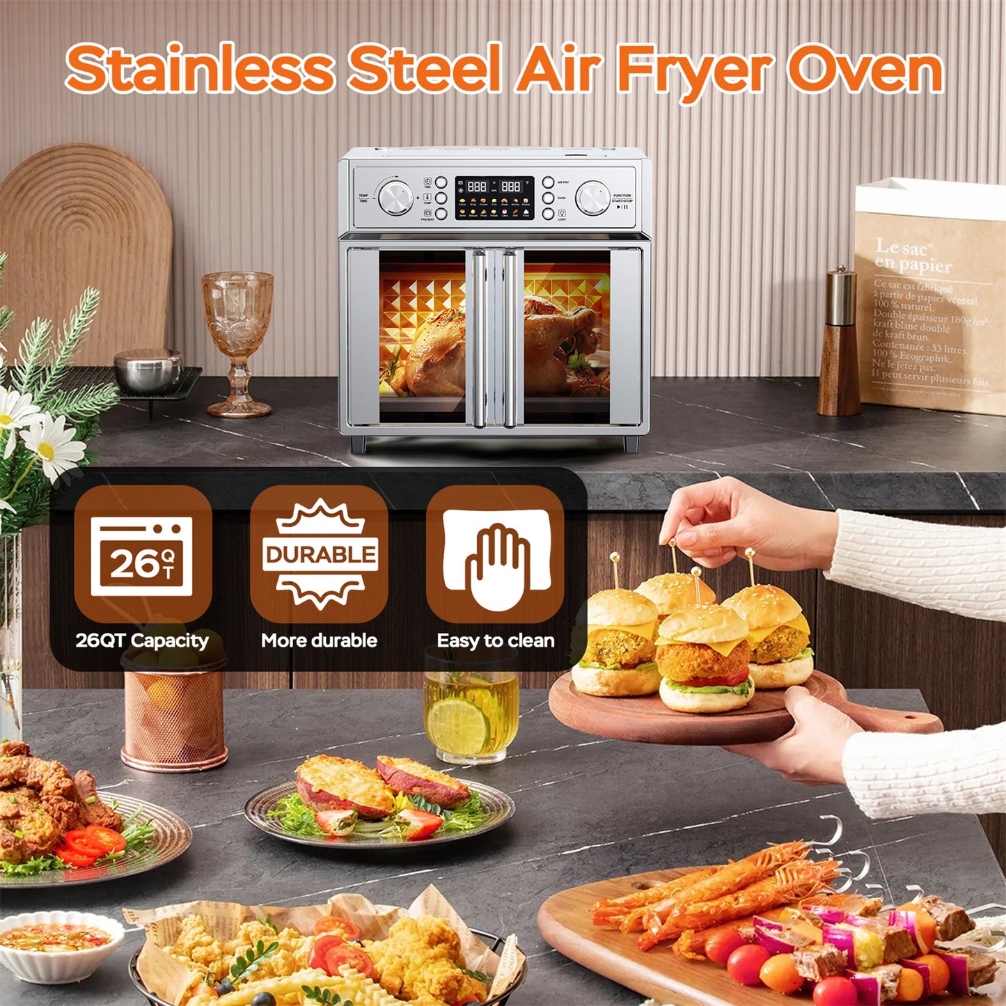 Plum Chef 27.5QT Air Fryer Toaster Oven Combo with 14 Presets, Digital Control, Stainless Steel Large Countertop Oven for Baking, Roasting, Air Frying, Includes Accessories, Silver - VANELC