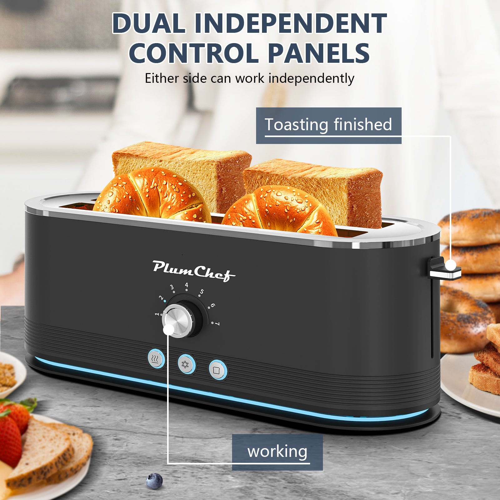 Plum Chef Toaster 4 Slice, Extra Long Slots 4 Slice Toaster, Reheat/Defrost/Cancel Function 6 Browning Settings Auto Pop-up Removable Crumb Tray - VANELC