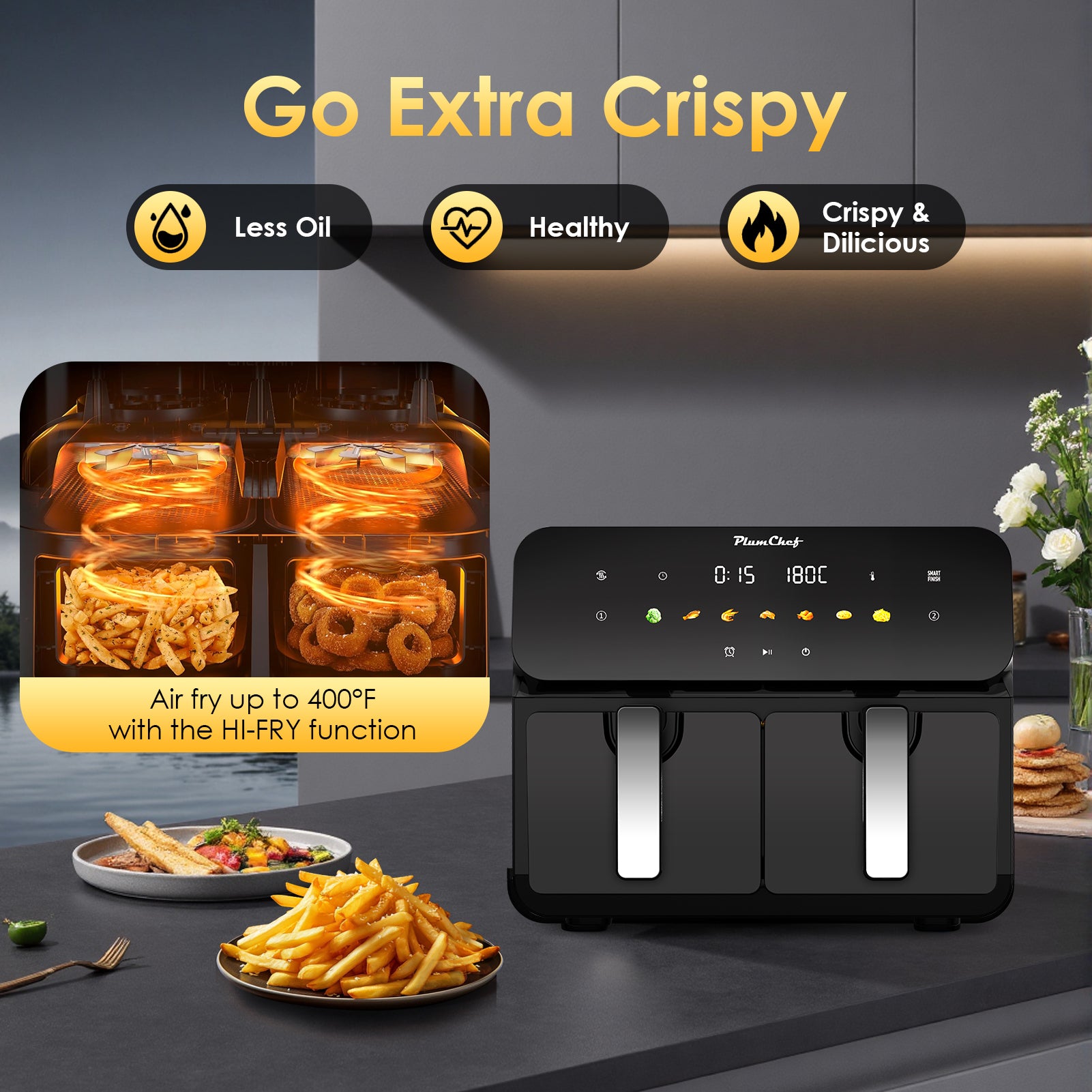Plum Chef 11-Quart Dual Basket Air Fryer, 2 Independent 5.5QT Zones with Smart Finish, 1700W 7-in-1 Combo - VANELC