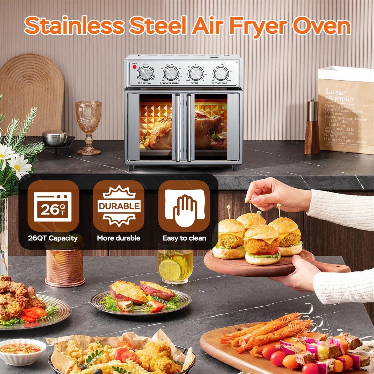 Plum Chef Air Fryer Toaster Oven, 27.5QT 7-in-1 Convection Countertop Oven with Air Fry, Bake, Grill, Toast, Dehydrate, Perfect for Family Kitchen, Healthy Low Oil Cooking, Ideal Gift, Silver - VANELC