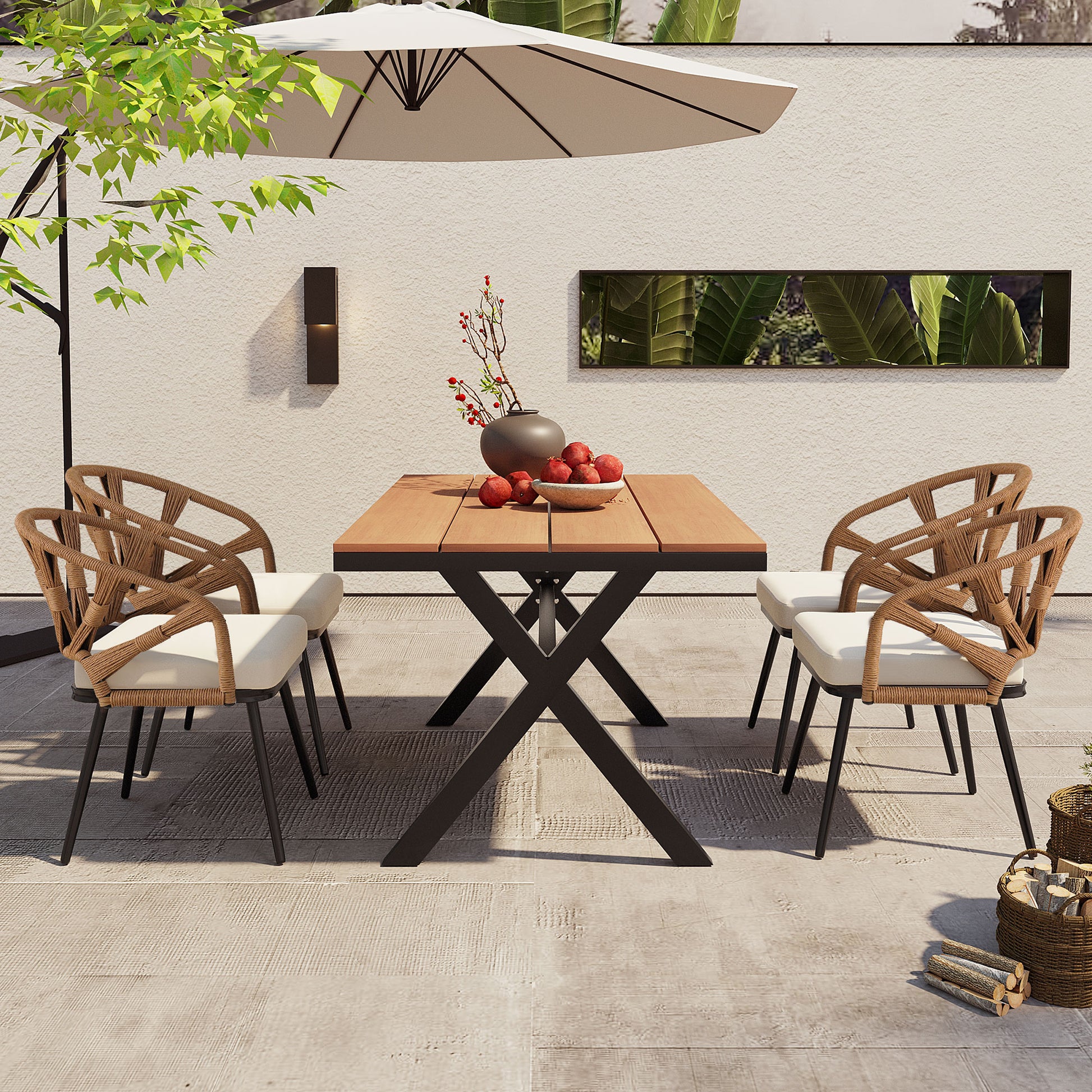 Highsound Outdoor Dining Set with Plastic Wood Table & 4 Chairs, Weather-Resistant Patio Furniture for Garden, Lawn, Dark Yellow - VANELC