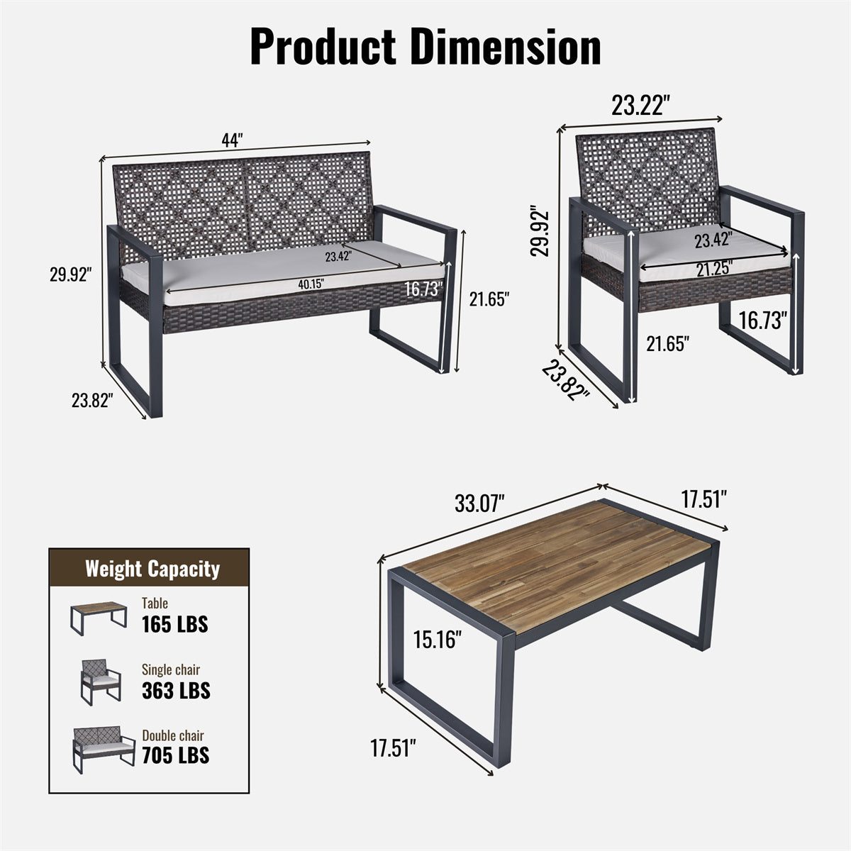YIORTWO 4-Piece Patio Furniture Set, Outdoor Wicker Conversation Set with Acacia Wood Coffee Table and Beige Cushions, Brown - VANELC