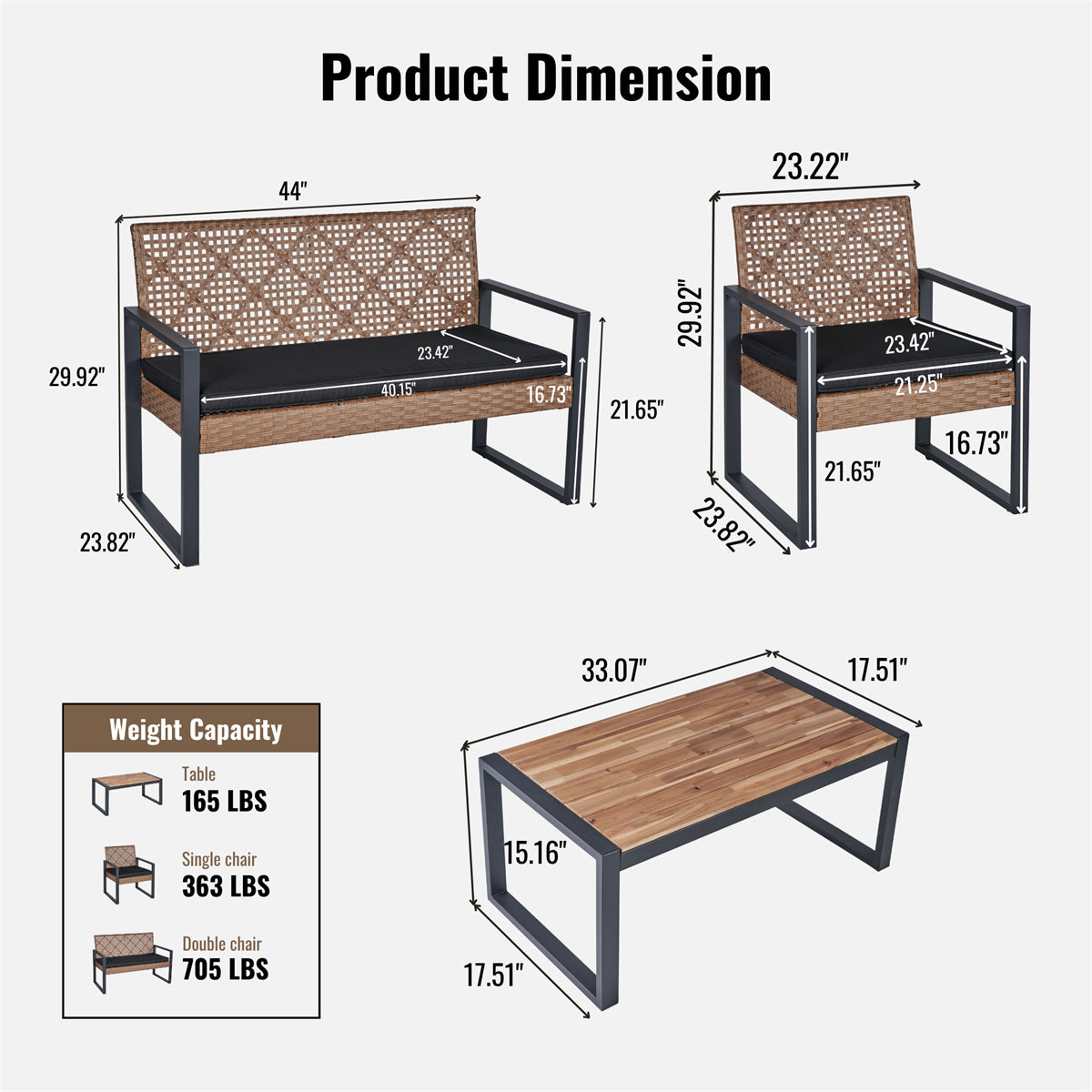 YIORTWO 4-Piece Patio Furniture Set, Outdoor Wicker Conversation Set with Acacia Wood Coffee Table and Beige Cushions, Light Brown - VANELC