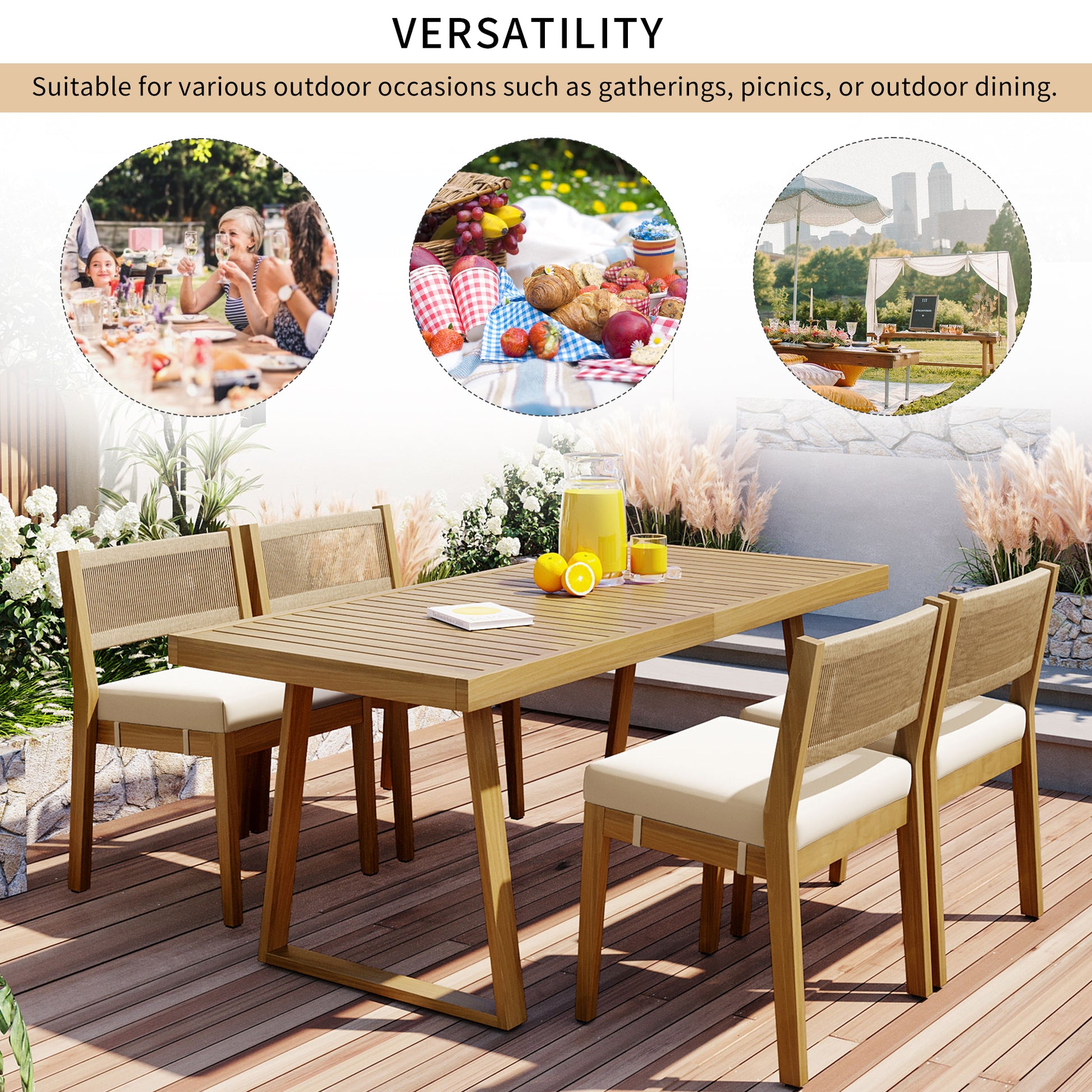 YIORTWO 5-Piece Acacia Wood Outdoor Dining Set with Thick Cushions, 47" Table & 4 Chairs for Patio, Garden, Balcony, Beige - VANELC