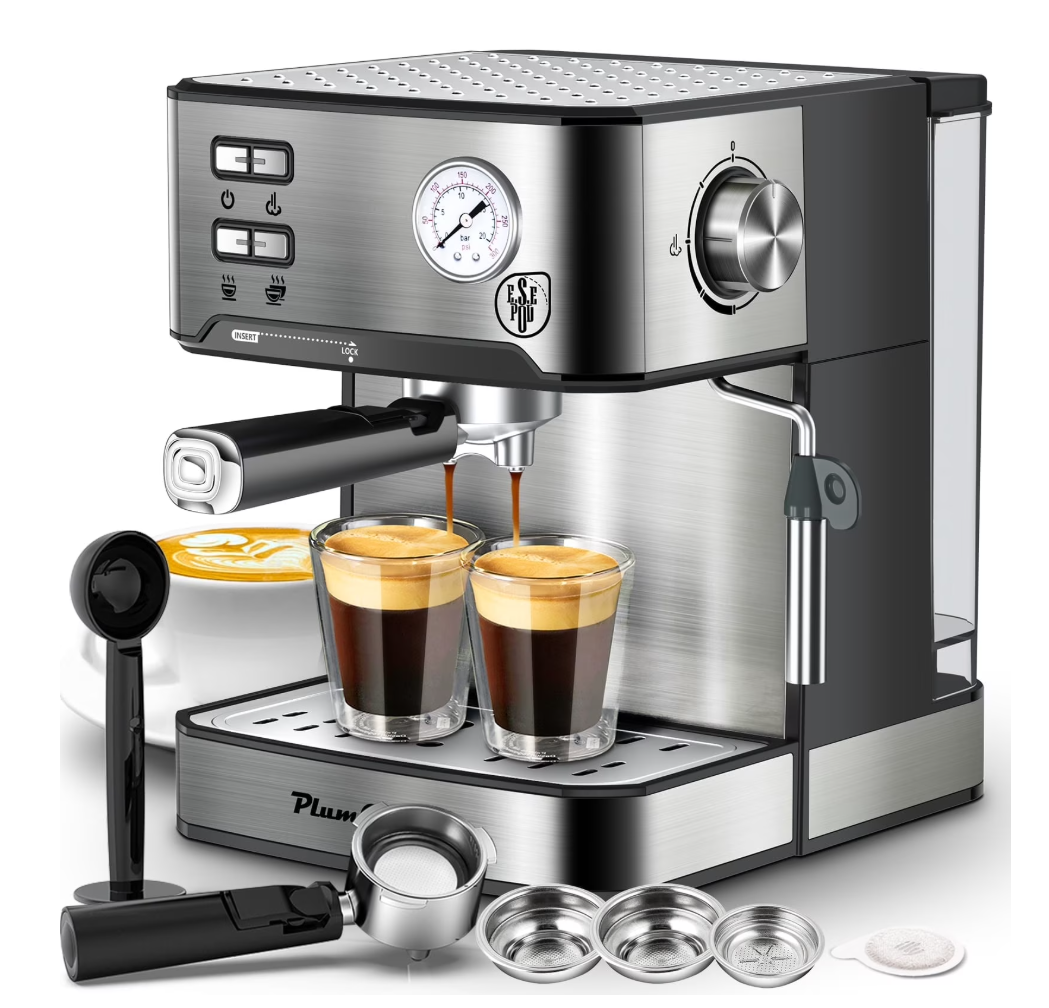Plum Chef Espresso Machine, 20 Bar Barista Coffee Maker with ESE POD Filter & Milk Frother, Espresso Maker for Home Latte Cappuccino, 1.6L Water Tank, 850W, Stainless Steel - VANELC