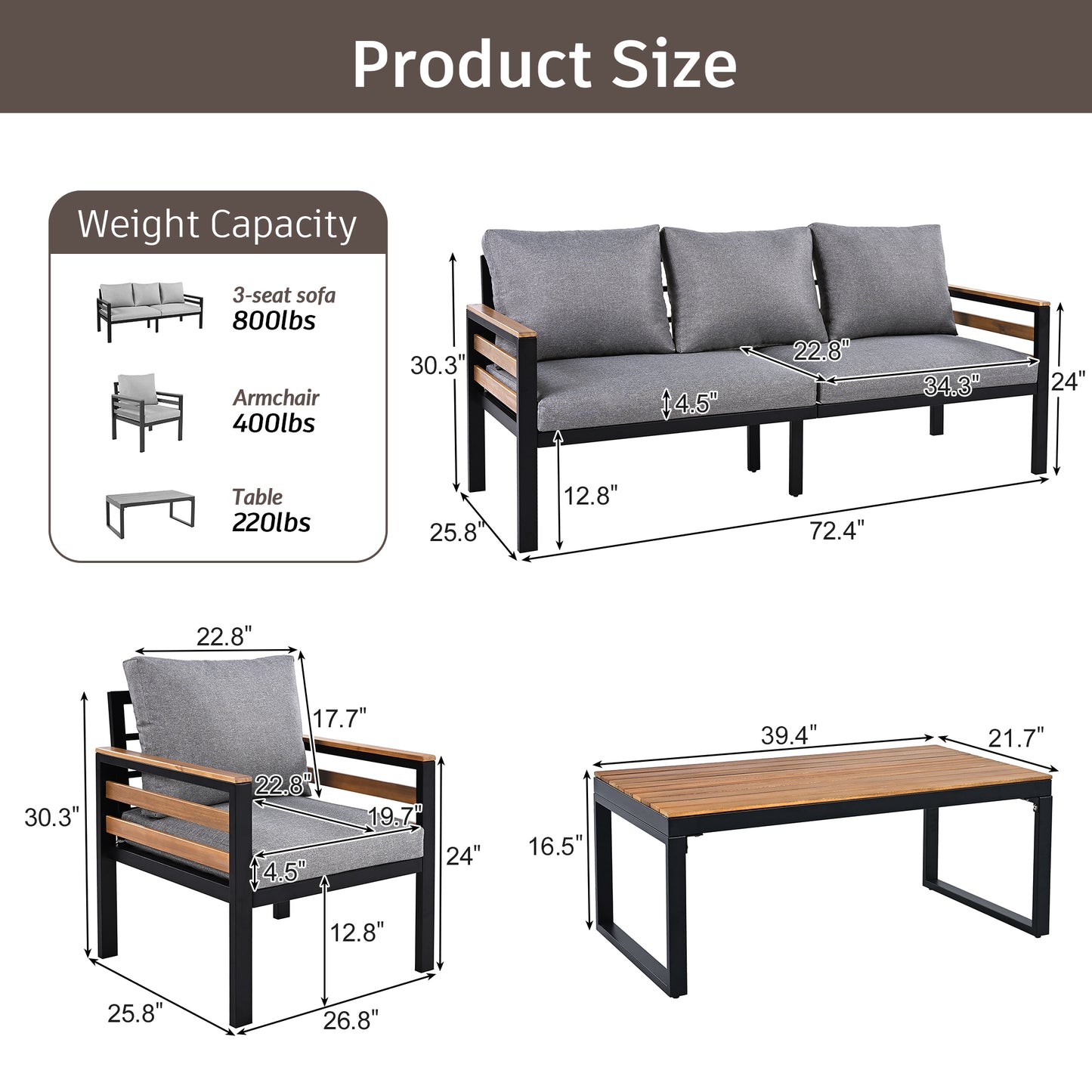 YIORTWO Patio Furniture Set, 4 Piece Outdoor Patio Furniture with Coffee Table Set, Metal Patio Conversation Sets with Washable and High-Resiliency Sponge Cushions, Gray - VANELC
