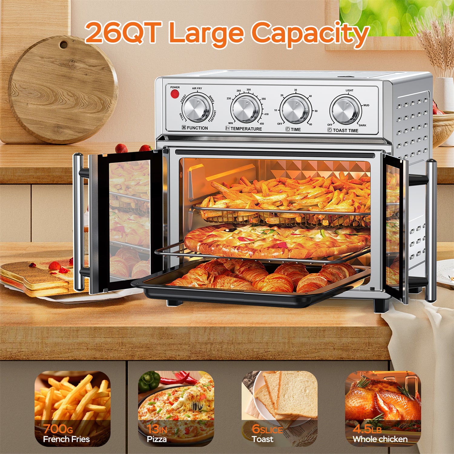 Plum Chef Air Fryer Toaster Oven, 27.5QT 7-in-1 Convection Countertop Oven with Air Fry, Bake, Grill, Toast, Dehydrate, Perfect for Family Kitchen, Healthy Low Oil Cooking, Ideal Gift, Silver - VANELC