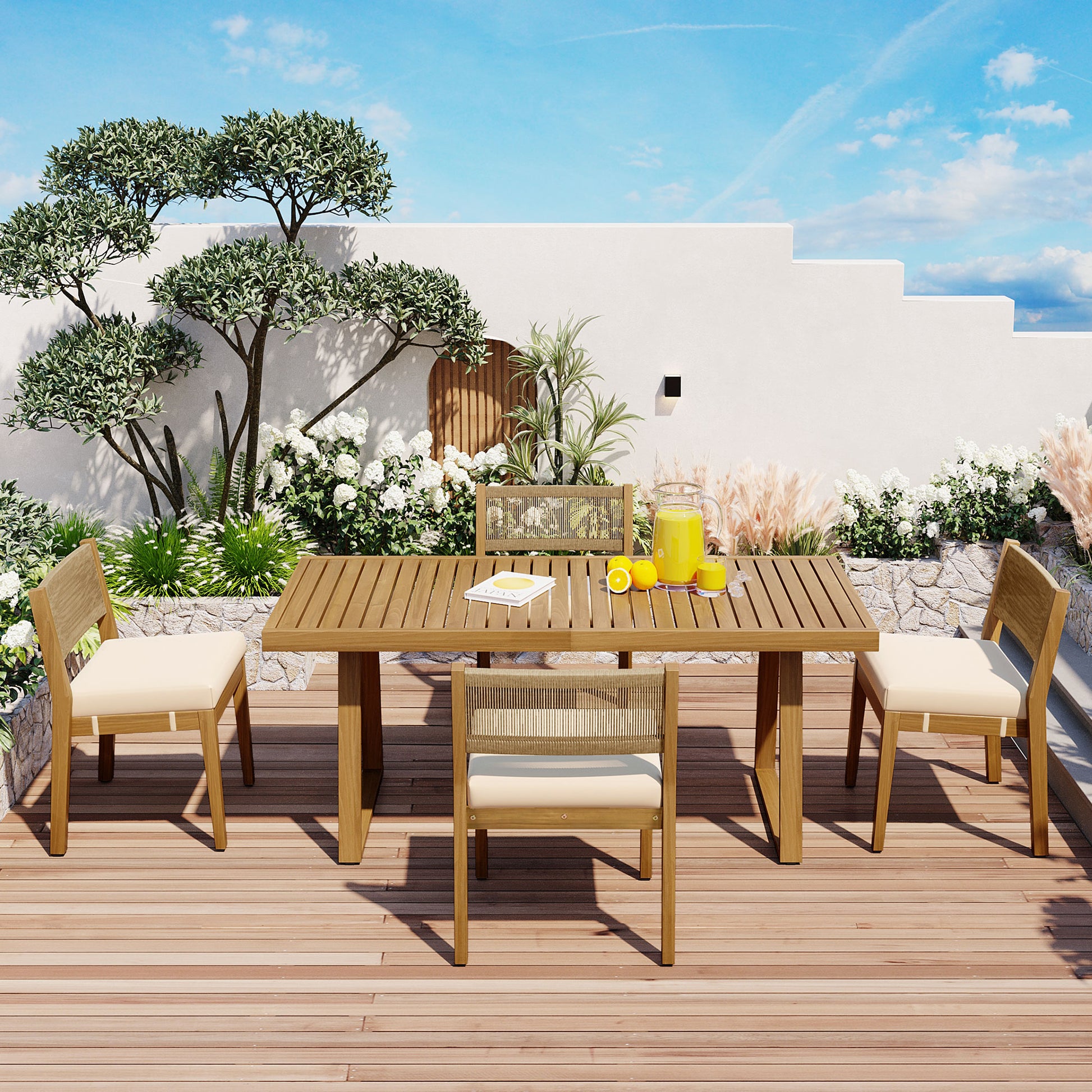 YIORTWO 5-Piece Acacia Wood Outdoor Dining Set with Thick Cushions, 47" Table & 4 Chairs for Patio, Garden, Balcony, Beige - VANELC