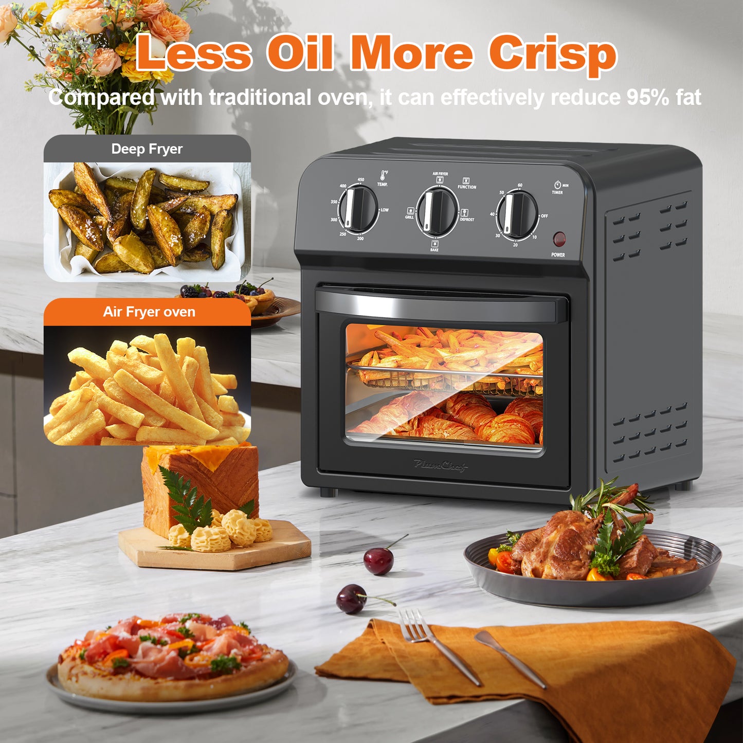 Plum Chef 13QT Air Fryer Toaster Oven Combo, 7-in-1 Countertop Convection Oven with 360° Hot Air Circulation for Healthy Oil-Free Cooking, Family Size, Includes Accessories & Adjustable Control - VANELC