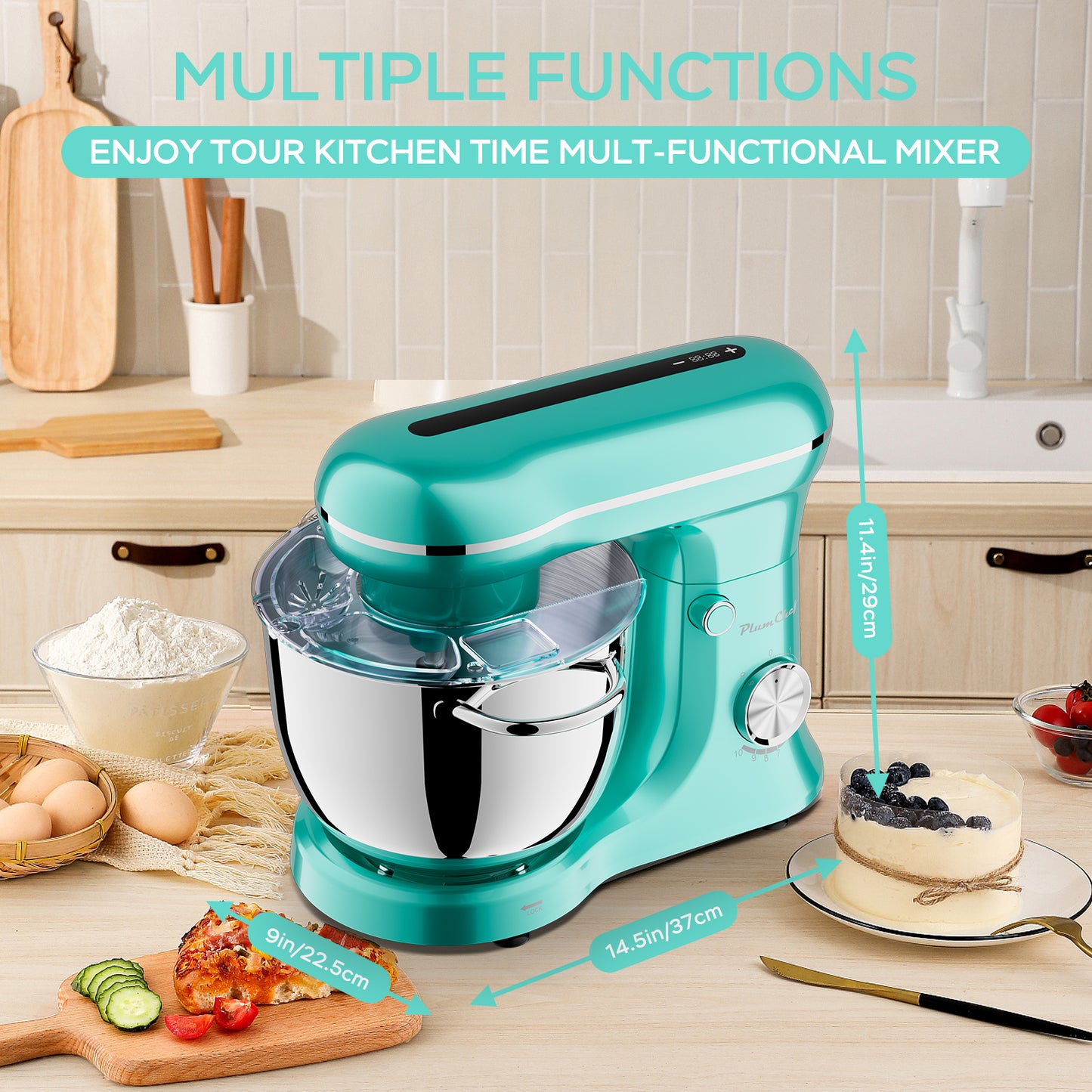 Plum Chef 5QT Stand Mixer with Extra 4.5QT Bowl & Timer, 300W Kitchen Mixer with Dough Hook, Beater, Whisk, 10 Speeds, Perfect for Baking, Retro Blue - VANELC
