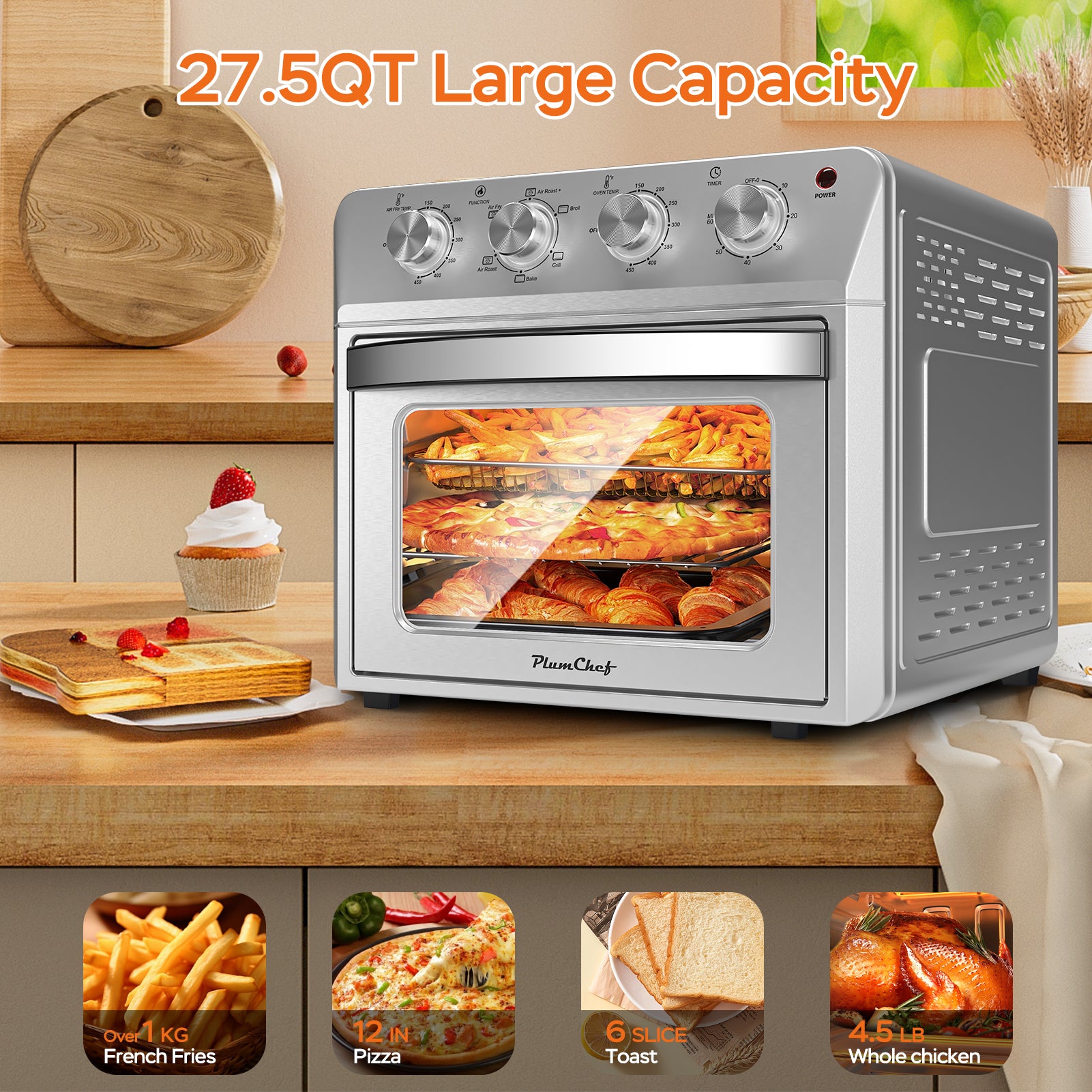 Plum Chef 27.5QT Air Fryer Toaster Oven Combo, Extra Large 7-in-1 Countertop Oven with Bake, Broil, Roast, Toast, Healthy Air Fry Function, 1600W, Digital Controls & 60-Min Timer, Silver - VANELC