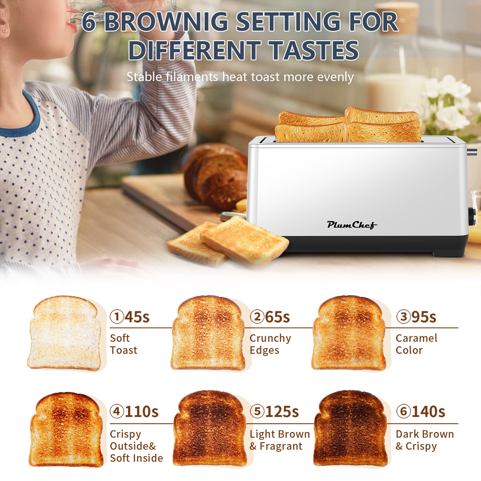 Plum Chef 4-Slice Extra Wide Slot Toaster, 6 Browning Settings & Bagel/Defrost/Reheat, Brushed Stainless Steel - VANELC