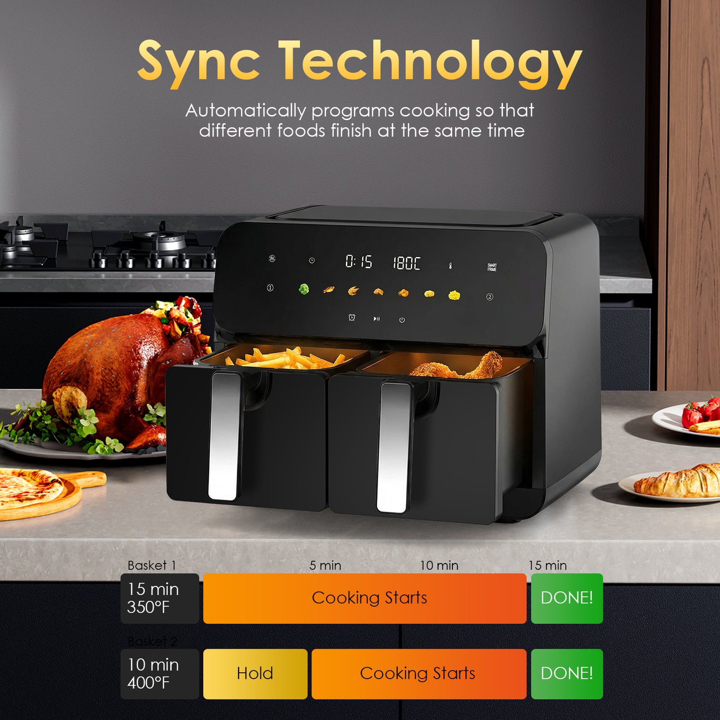 Plum Chef 11-Quart Dual Basket Air Fryer, 2 Independent 5.5QT Zones with Smart Finish, 1700W 7-in-1 Combo - VANELC