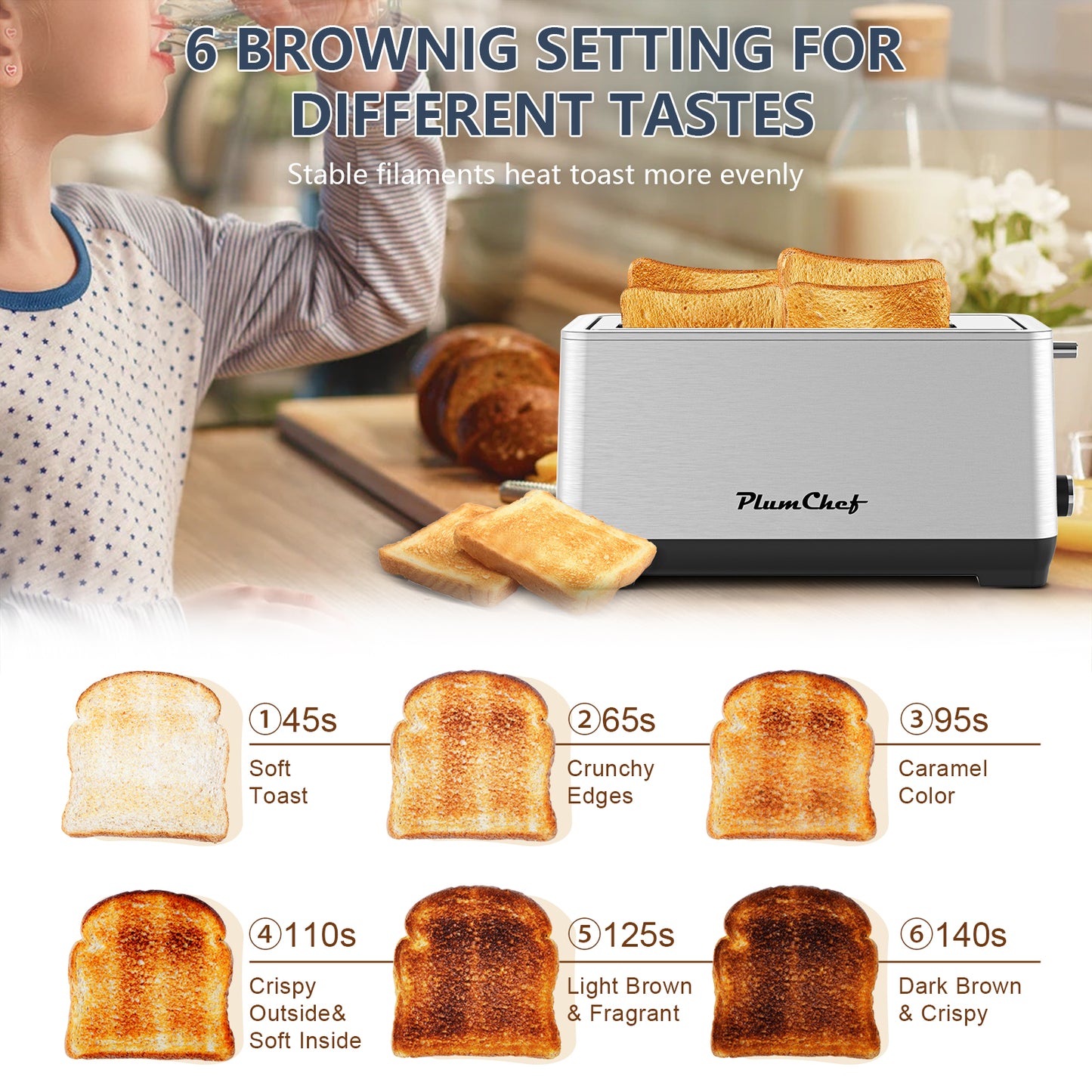 Plum Chef Long Slot 4 Slice Toaster 1600W, for Bagels & Waffles, 6 Browning Levels, 4 Basic Functions & Removable Tray, Kitchen Gadgets, Silver - VANELC