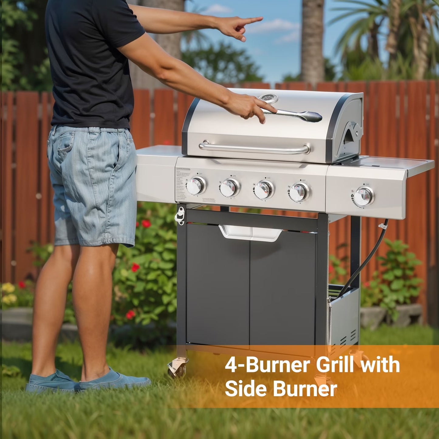 YIORTWO 4-Burner Propane Gas Grill with Side Burner, 51,000 BTU Outdoor Barbecue Grill, Stainless Steel BBQ Grill for Backyard Cooking, Black
