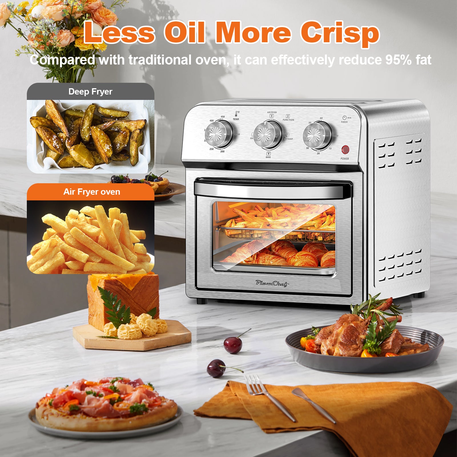 Plum Chef 13QT Air Fryer Toaster Oven Combo, 7-in-1 Multifunctional Countertop Oven with 360° Hot Air Circulation for Healthy Oil-Free Cooking, Family Size, Stainless Steel, Silver - VANELC