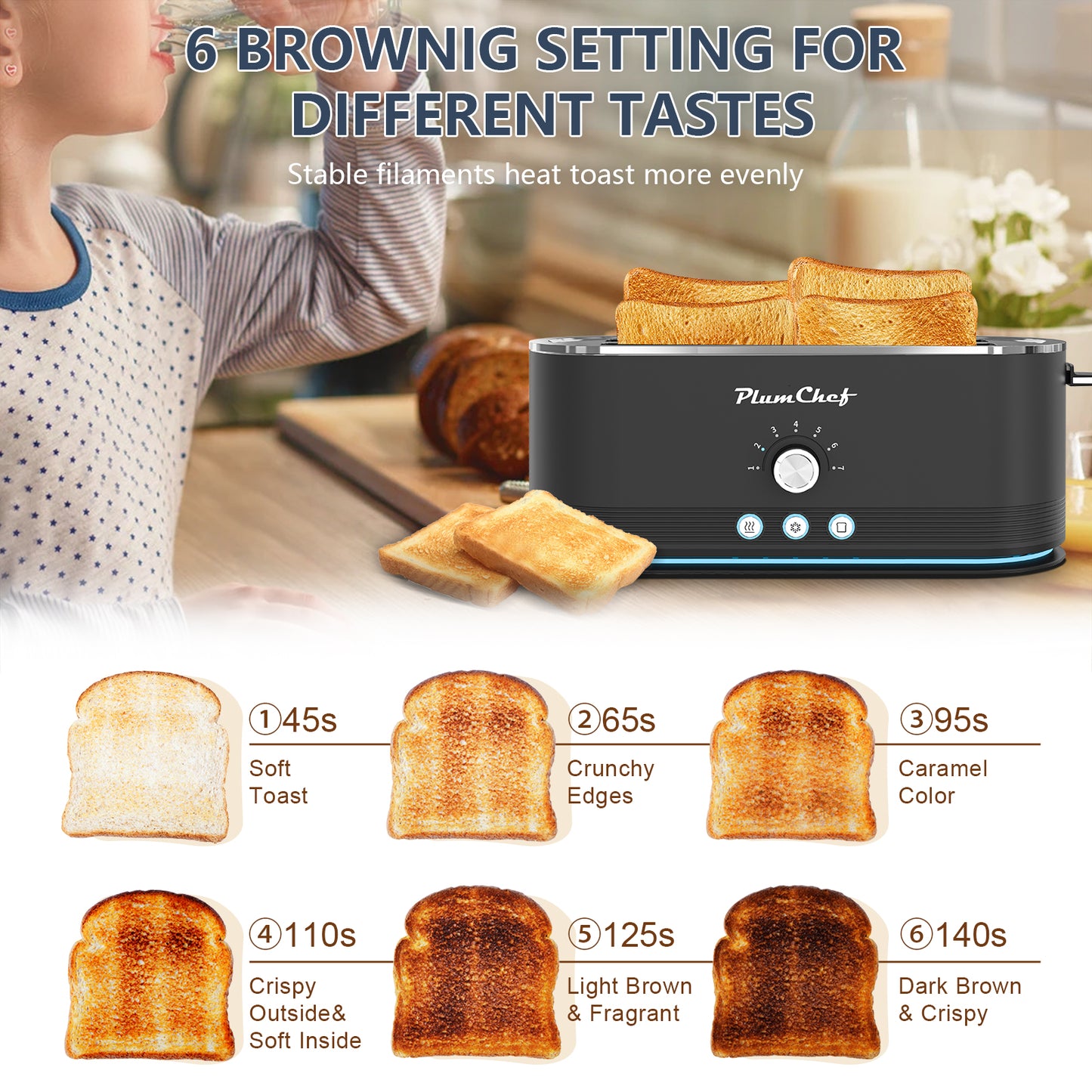 Plum Chef Toaster 4 Slice, Extra Long Slots 4 Slice Toaster, Reheat/Defrost/Cancel Function 6 Browning Settings Auto Pop-up Removable Crumb Tray - VANELC