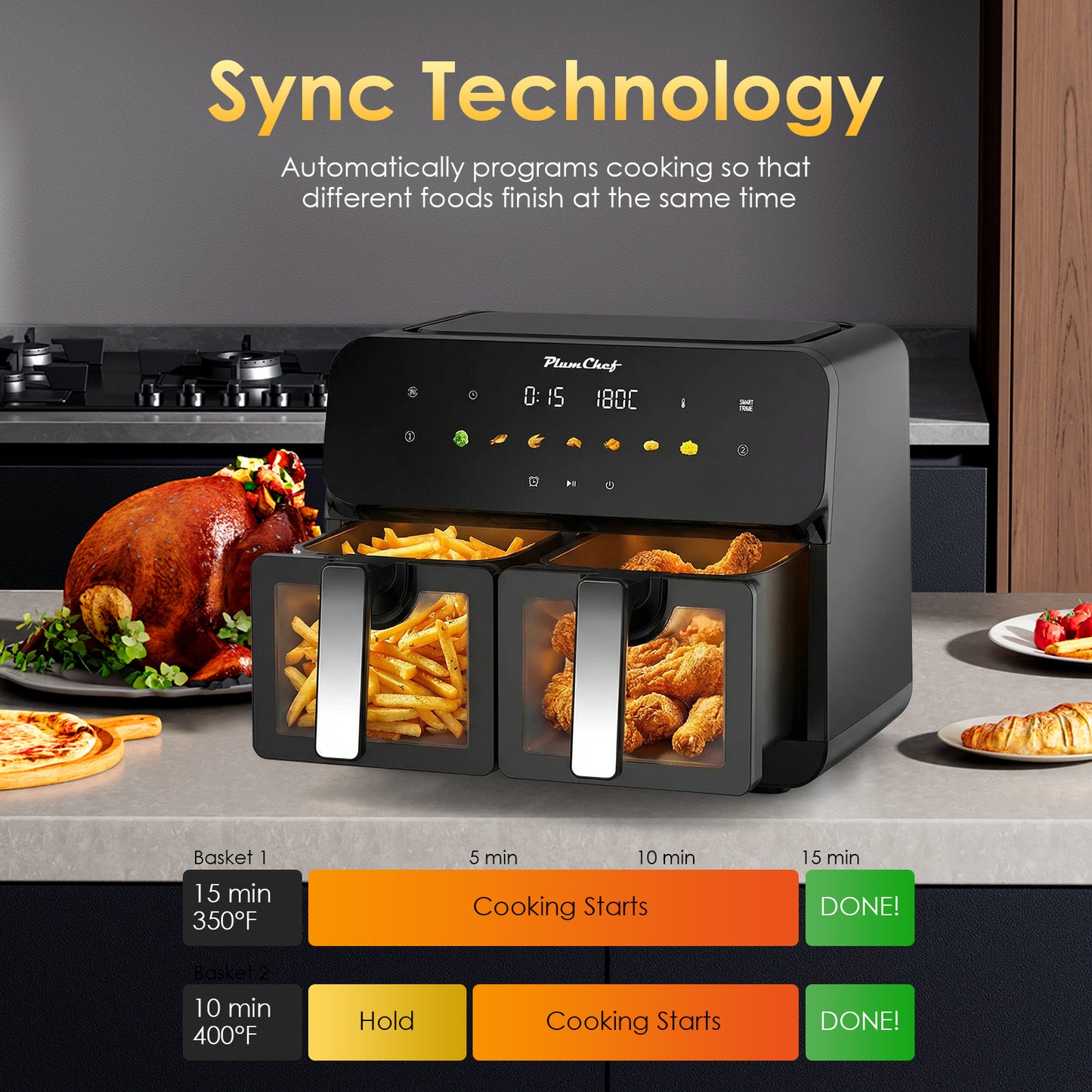 Plum Chef 11-Quart Dual Basket Air Fryer, 2 Independent Cooking Zones with Smart Finish, 1700W 7-in-1 Combo, Black - VANELC