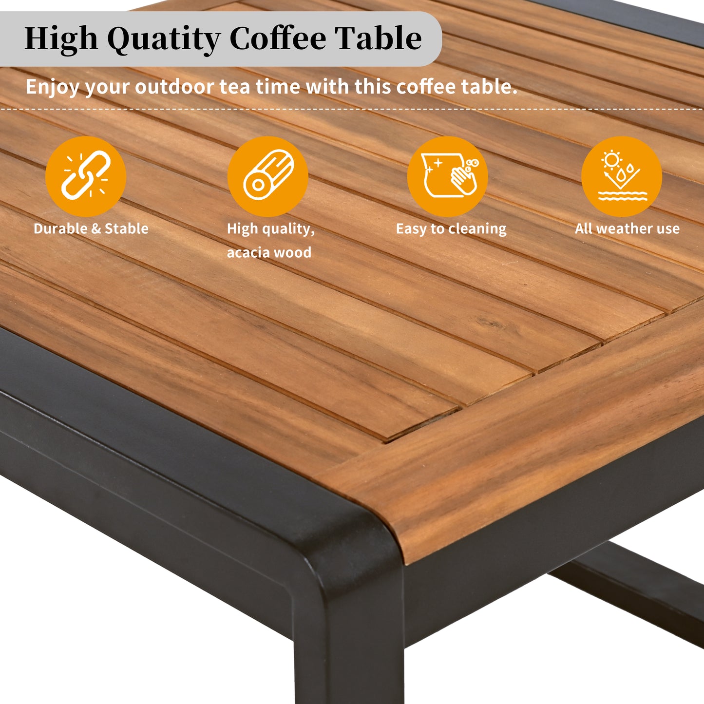 YIORTWO 4 Piece Patio Furniture Set, L-shaped Sofa with Gray Cushions & Acacia Wood Coffee Table, Black Metal Frame, Outdoor Modern Sectional Conversation Sofa Set for Deck, Yard, Porch, Garden - VANELC