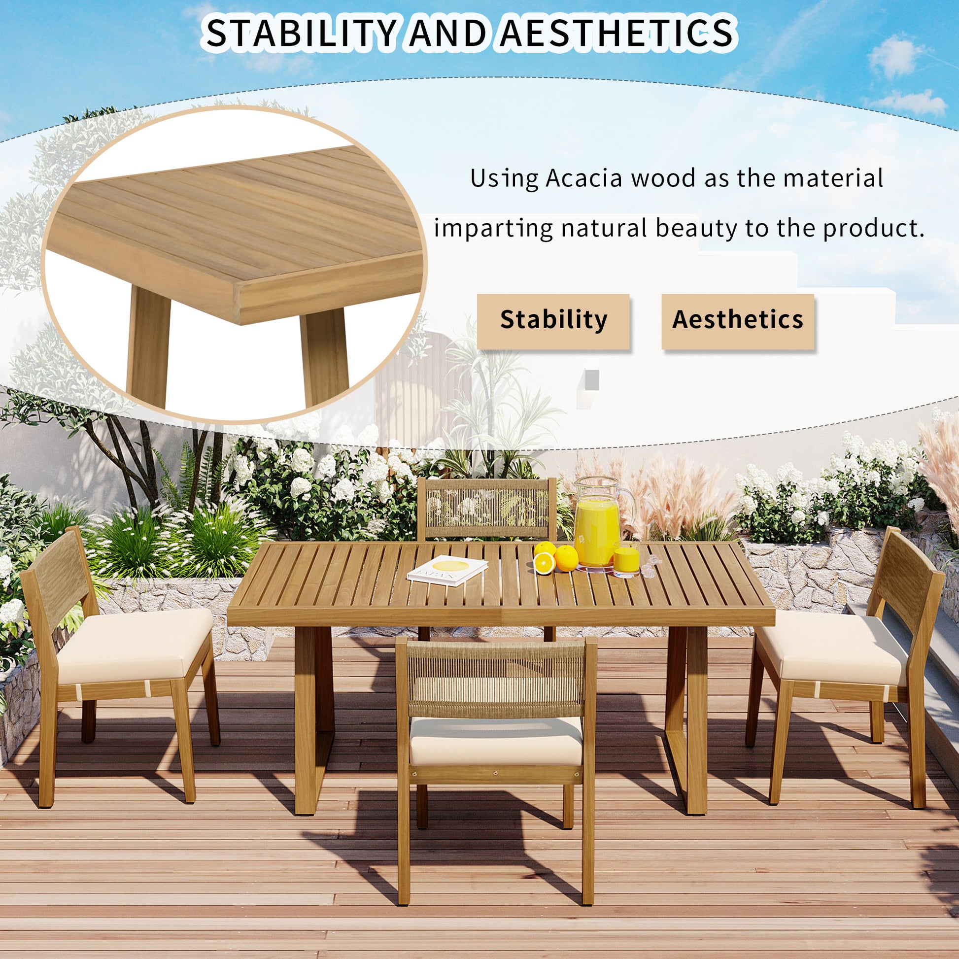 YIORTWO 5-Piece Acacia Wood Outdoor Dining Set with Thick Cushions, 47" Table & 4 Chairs for Patio, Garden, Balcony, Beige - VANELC