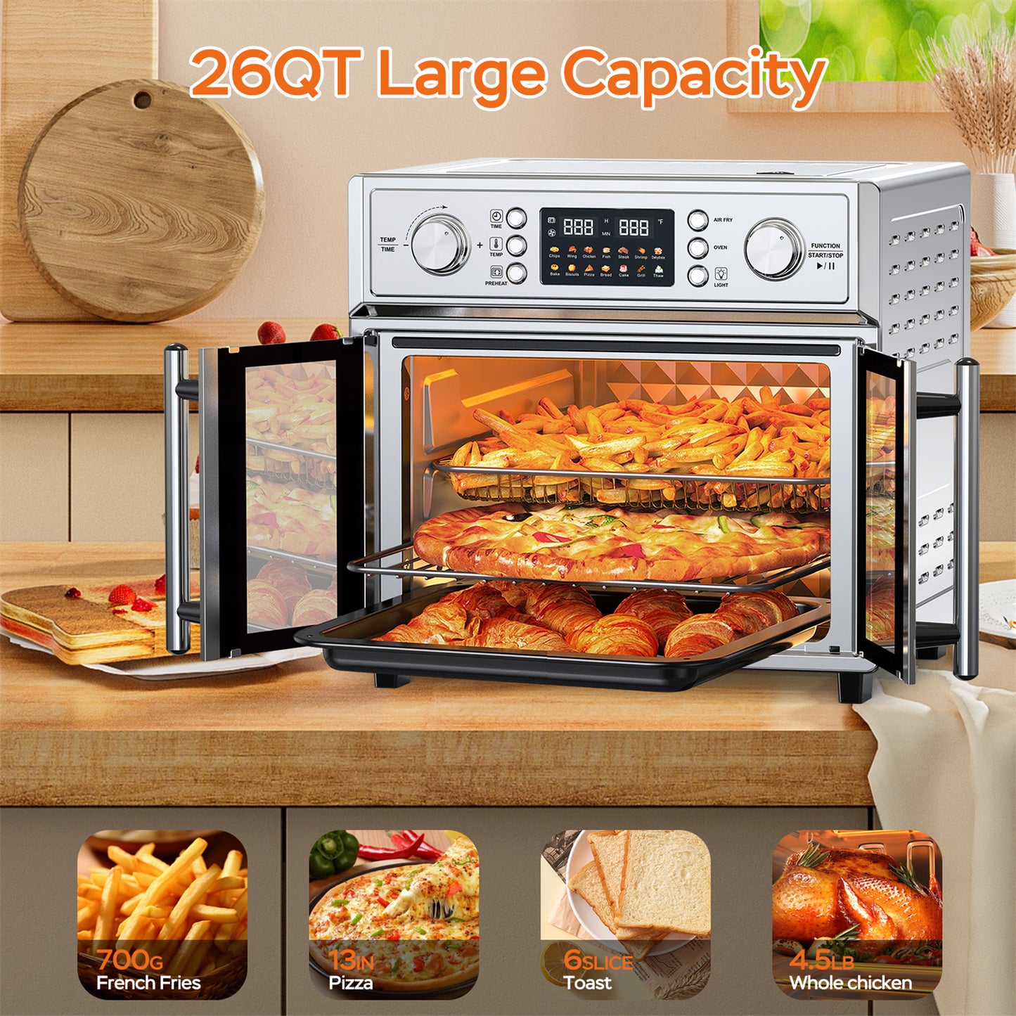 Plum Chef 27.5QT Air Fryer Toaster Oven Combo with 14 Presets, Digital Control, Stainless Steel Large Countertop Oven for Baking, Roasting, Air Frying, Includes Accessories, Silver - VANELC