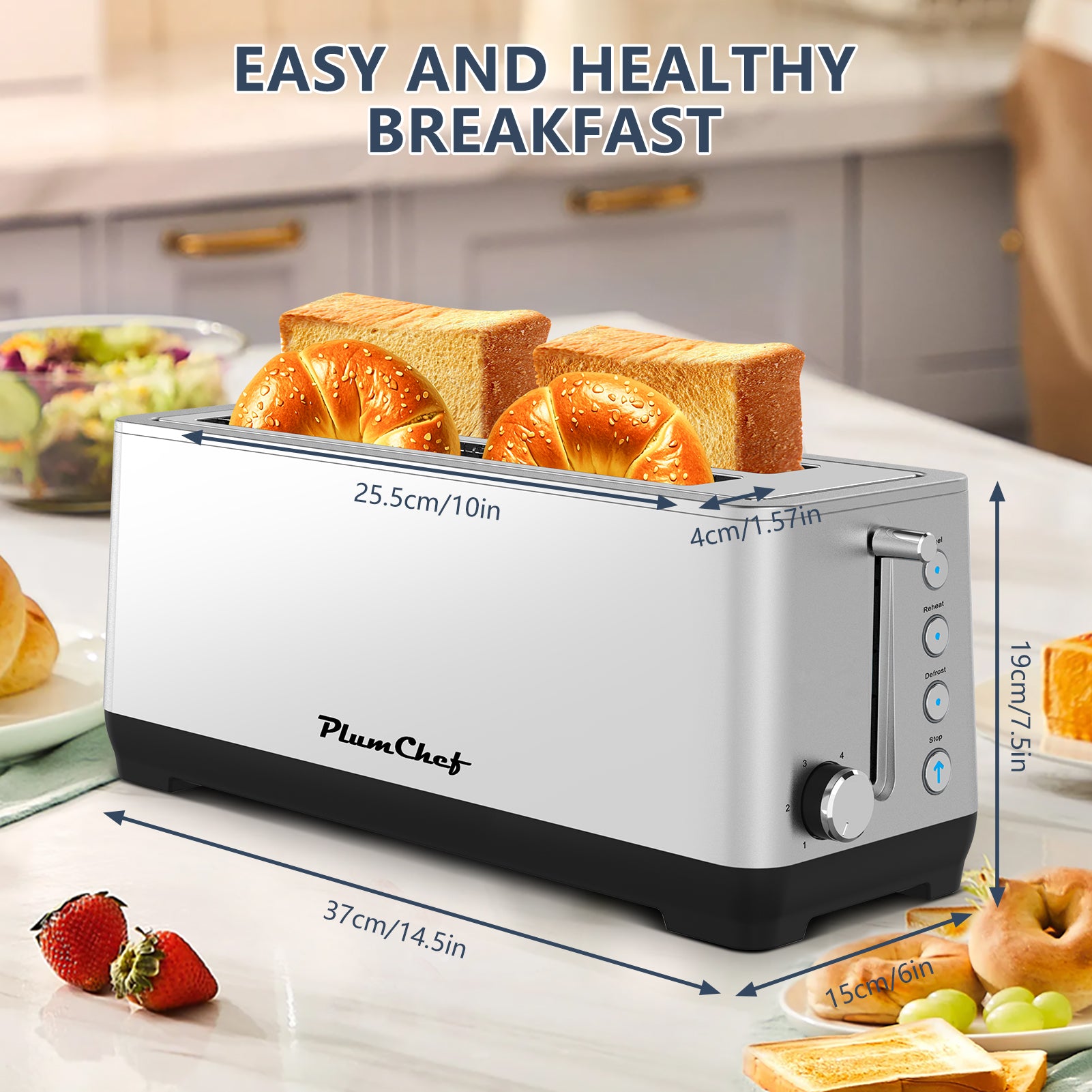 Plum Chef 4-Slice Extra Wide Slot Toaster, 6 Browning Settings & Bagel/Defrost/Reheat, Brushed Stainless Steel - VANELC