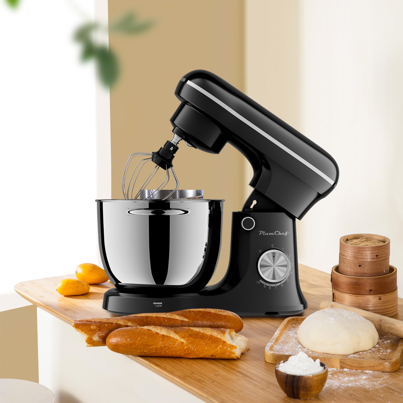 Plum Chef 5QT Stand Mixer, 300W 10-Speed Electric Kitchen Mixer with Dough Hook, Beater & Whisk for Baking, Kneading & Whipping, Black - VANELC