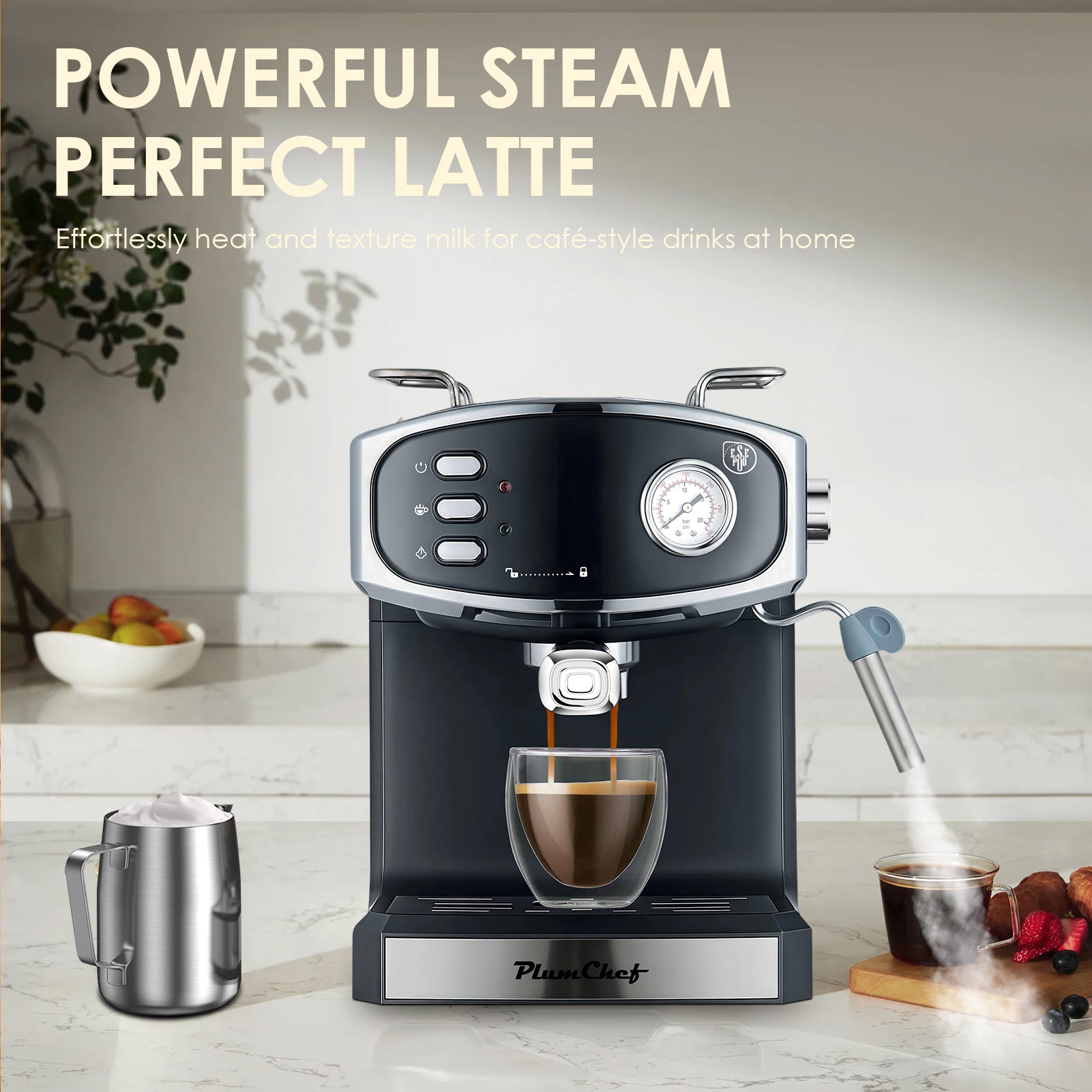 Plum Chef Espresso Machine with Automatic Milk Frother, 20 Bar Cappuccino Machines for Home, Coffee Maker with ESE Filters, 1.8L Water Tank, 1350W, Black - VANELC