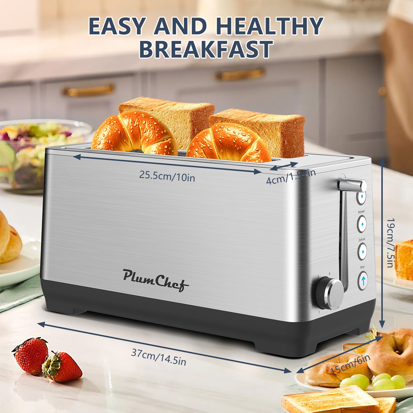 Plum Chef Long Slot 4 Slice Toaster 1600W, for Bagels & Waffles, 6 Browning Levels, 4 Basic Functions & Removable Tray, Kitchen Gadgets, Silver - VANELC