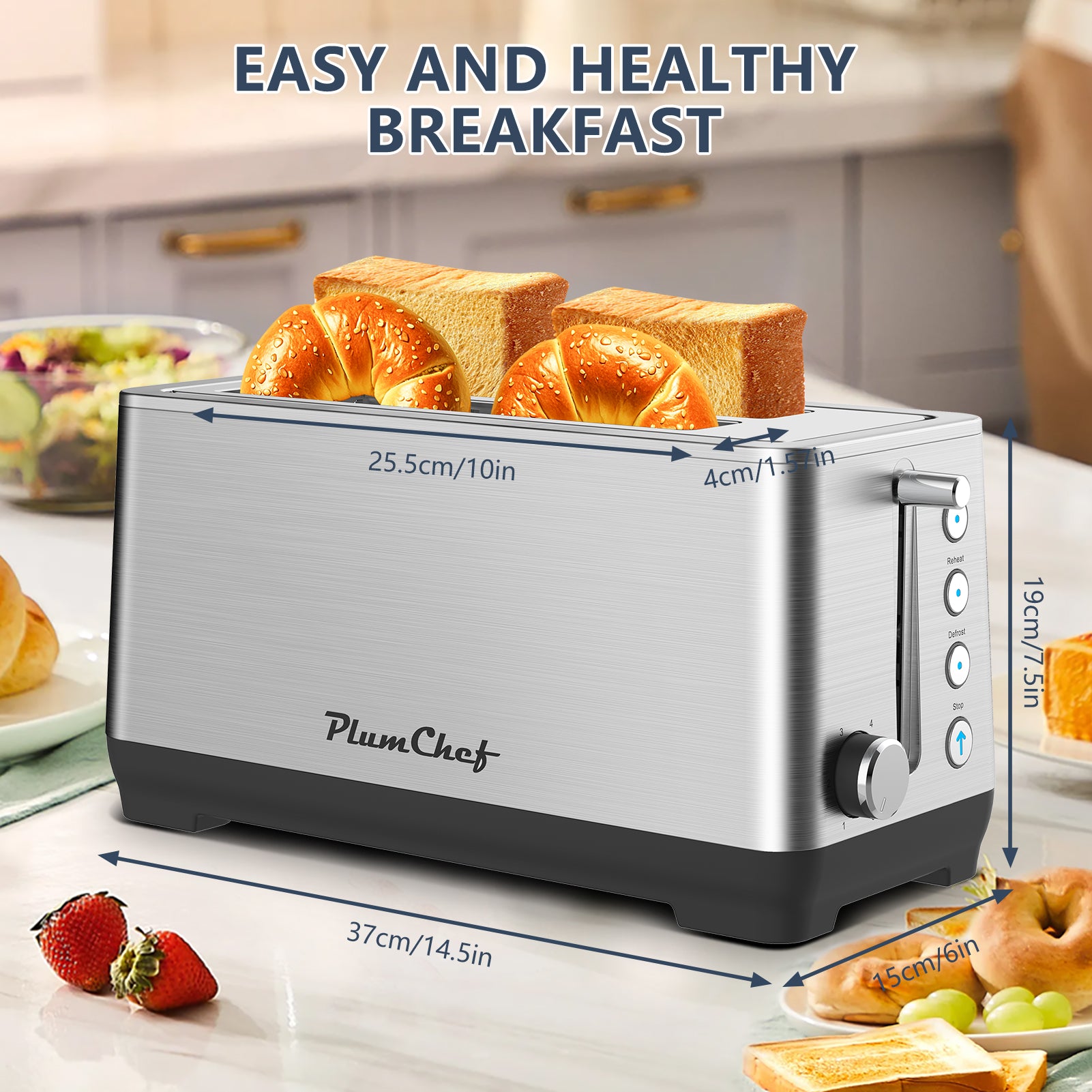 Plum Chef Long Slot 4 Slice Toaster 1600W, for Bagels & Waffles, 6 Browning Levels, 4 Basic Functions & Removable Tray, Kitchen Gadgets, Silver - VANELC