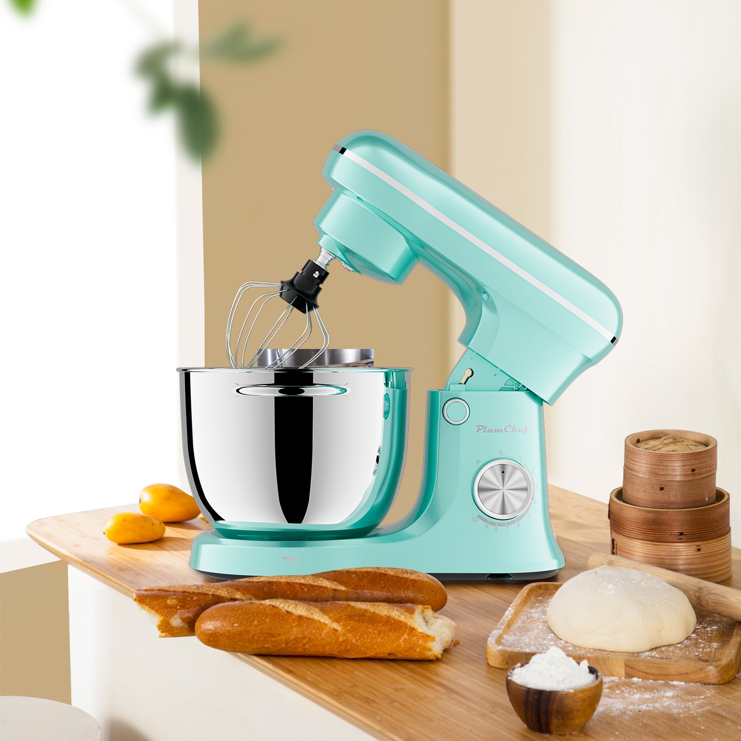 Plum Chef 5QT Stand Mixer with Extra 4.5QT Bowl & Timer, 300W Kitchen Mixer with Dough Hook, Beater, Whisk, 10 Speeds, Perfect for Baking, Retro Blue - VANELC