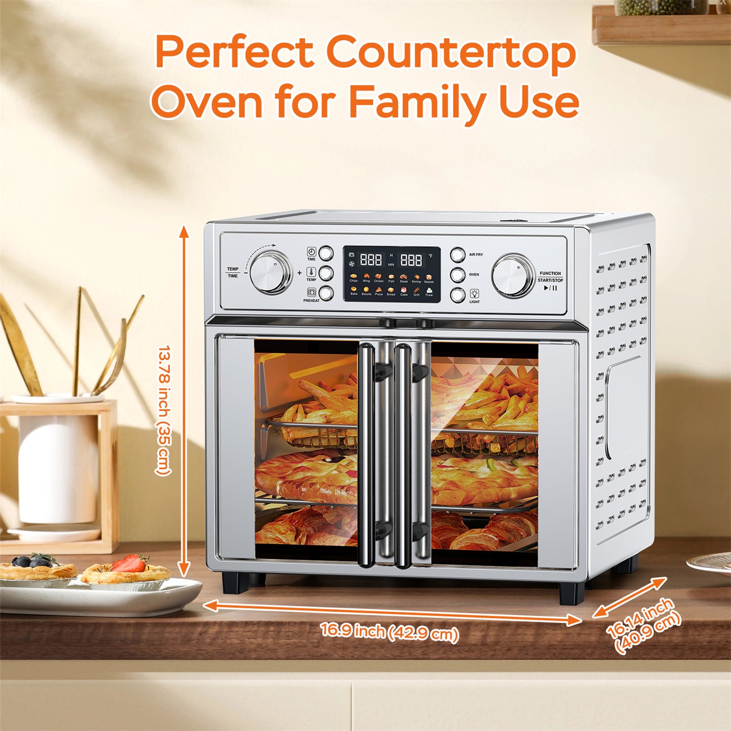 Plum Chef 27.5QT Air Fryer Toaster Oven Combo with 14 Presets, Digital Control, Stainless Steel Large Countertop Oven for Baking, Roasting, Air Frying, Includes Accessories, Silver - VANELC