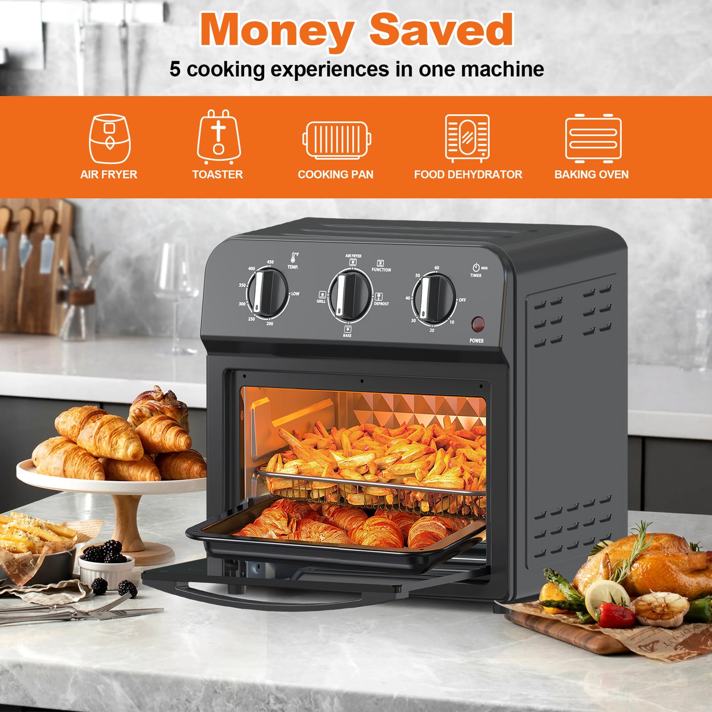 Plum Chef 13QT Air Fryer Toaster Oven Combo, 7-in-1 Countertop Convection Oven with 360° Hot Air Circulation for Healthy Oil-Free Cooking, Family Size, Includes Accessories & Adjustable Control - VANELC