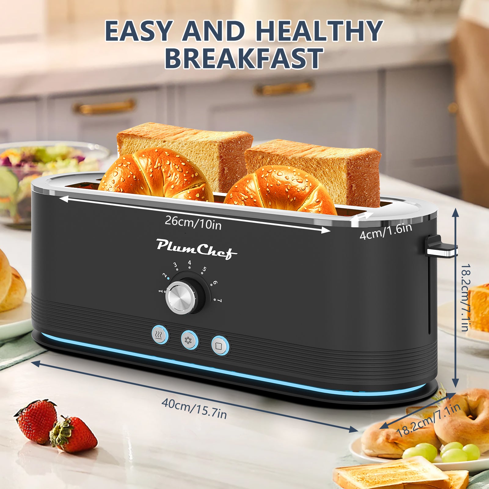 Plum Chef Toaster 4 Slice, Extra Long Slots 4 Slice Toaster, Reheat/Defrost/Cancel Function 6 Browning Settings Auto Pop-up Removable Crumb Tray - VANELC