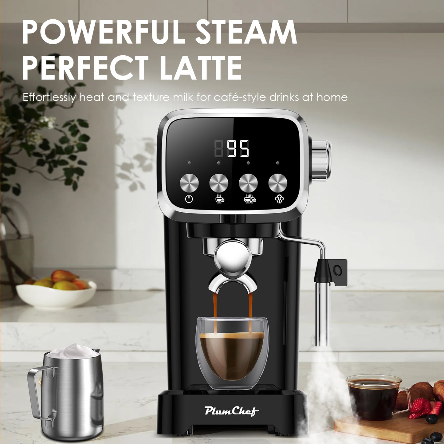 Plum Chef Espresso Machine with Steam Milk Frother Semi Automatic 20 Bar Compact Coffee Maker with LED Display for home Cafetera Espresso, Latte, Cappuccino, Americano, Macchiato