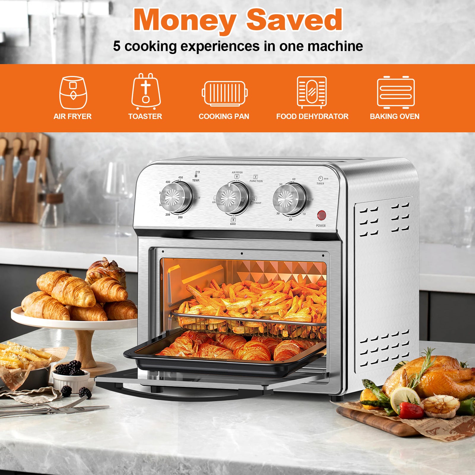 Plum Chef 13QT Air Fryer Toaster Oven Combo, 7-in-1 Multifunctional Countertop Oven with 360° Hot Air Circulation for Healthy Oil-Free Cooking, Family Size, Stainless Steel, Silver - VANELC