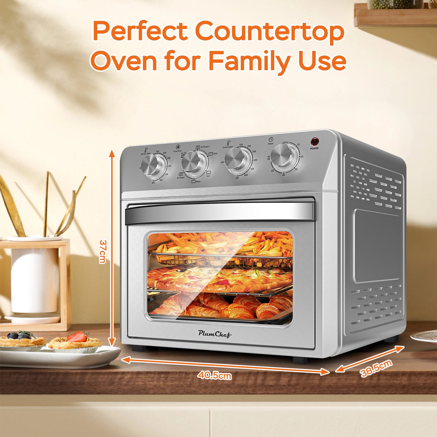 Plum Chef 27.5QT Air Fryer Toaster Oven Combo, Extra Large 7-in-1 Countertop Oven with Bake, Broil, Roast, Toast, Healthy Air Fry Function, 1600W, Digital Controls & 60-Min Timer, Silver - VANELC